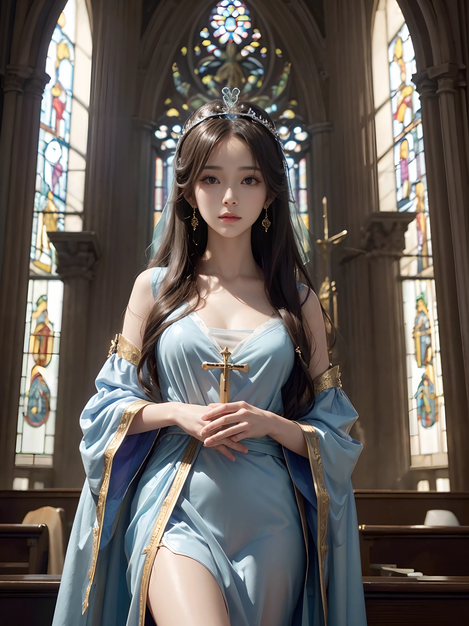 (masutepiece,Best Quality:1.4),(8K,Raw photo,photographrealistic:1.2), Shiny skin,Detailed skin,Detailed face,Detailed eyes, Beautiful face, beautiful goddess, Gentle and gentle expression, long golden hair, Winged headpiece, Translucent white robe, Hand holding the chalice, inside a church, Ornate stained glass windows