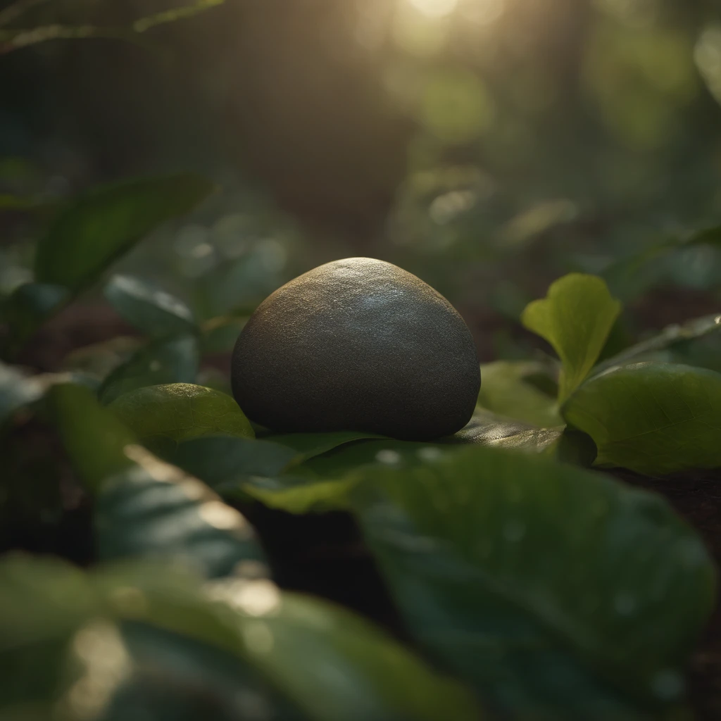 Uma formiga jaz em uma folha，with a stone on his head, There is dew on the edges of the leaves，magic hour，photorealistic cinematic render, cinematic 3d render, realistic cgi render, depicted as a 3D rendering(Stone on the head)