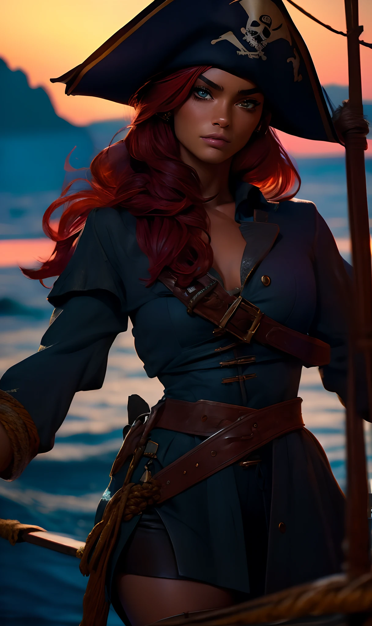 (((Ultra detailed, beautiful face, Megapixel))) On a moonlit night at the edge of the treacherous sea, a cunning and resourceful female pirate leads her crew to hidden treasure. Her ((intense amber eyes)) gleam with the thrill of adventure and the promise of riches beyond imagination. Her ((fiery red hair)) dances in the sea breeze, echoing the untamed spirit of her pirate soul. She dons a worn leather hat, a symbol of her years of experience as a master navigator. Her pirate attire is a mix of practicality and daring, with a deep purple bandana wrapped around her head, hinting at her mysterious and elusive nature. Draped in a weathered leather coat, she exudes an air of rugged charm and stealth, allowing her to blend seamlessly with the shadows of the night. With a pirate's map in hand and a loyal crew behind her, she leads the way to the legendary treasure, navigating through perilous waters and uncharted territories. Behind her, the pirate ship sails gracefully through the moonlit waters, its silhouette a stark contrast against the deep blue sea, as the stars above guide them on their daring quest.