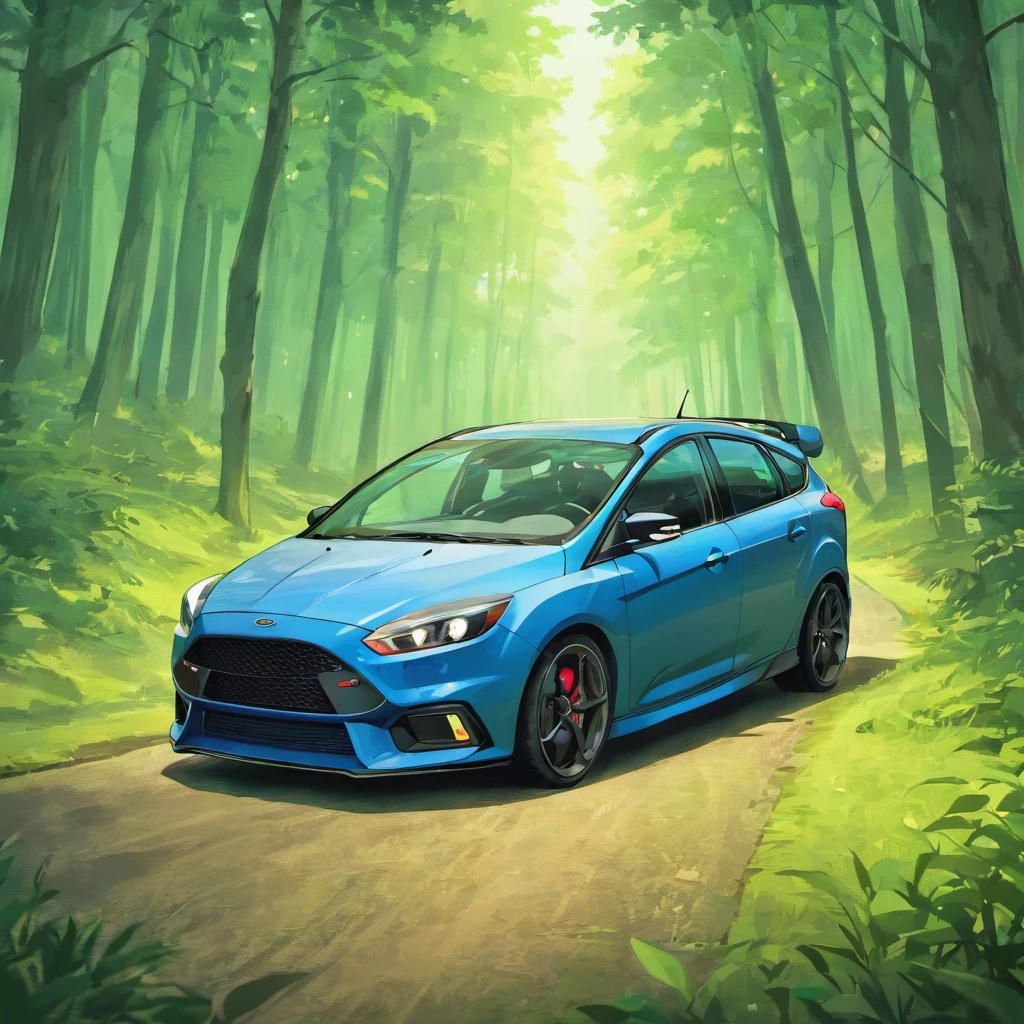 A real blue Ford Focus ST 2019 car，Drive through the forest，the grass fields ，Realistic background，Background of details