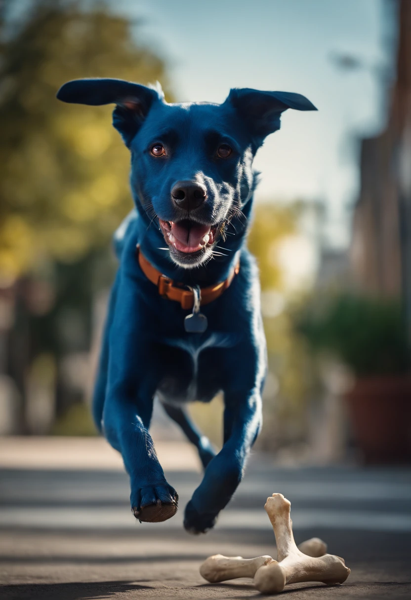 (blue dog running after mailman in the street with a bone on its head), illustrated, highres, ultra-detailed, vibrant colors, sunny day, lively scene, detailed facial expression, playful eyes, wagging tail, dynamic movement, action shot, urban background, spirited chase, comical twist