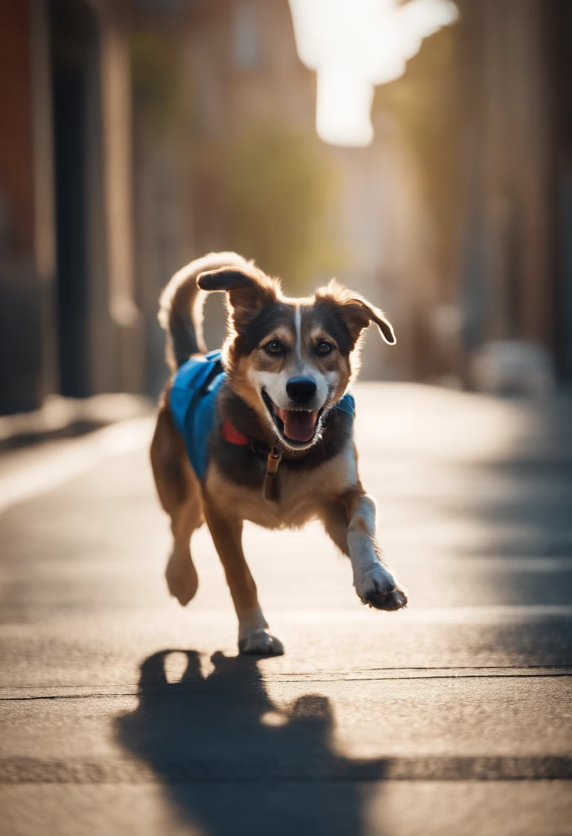(blue dog running after mailman in the street with a bone on its head), illustrated, highres, ultra-detailed, vibrant colors, sunny day, lively scene, detailed facial expression, playful eyes, wagging tail, dynamic movement, action shot, urban background, spirited chase, comical twist