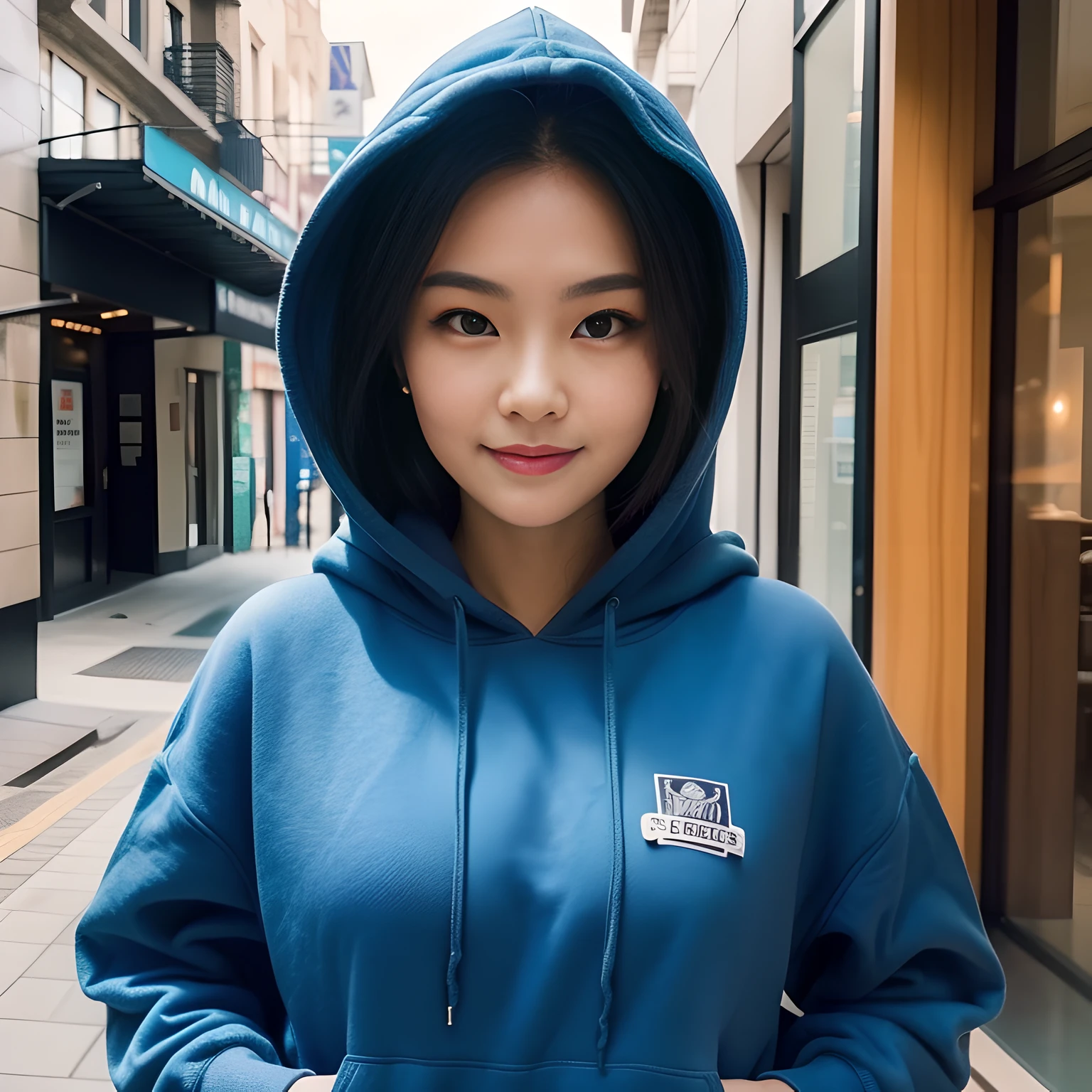 ((Masterpiece, best quality,edgQuality)),smug,smirk, beautiful edgML_woman,edgML_face,edgML_body, a woman in a blue hoodie is looking at the camera