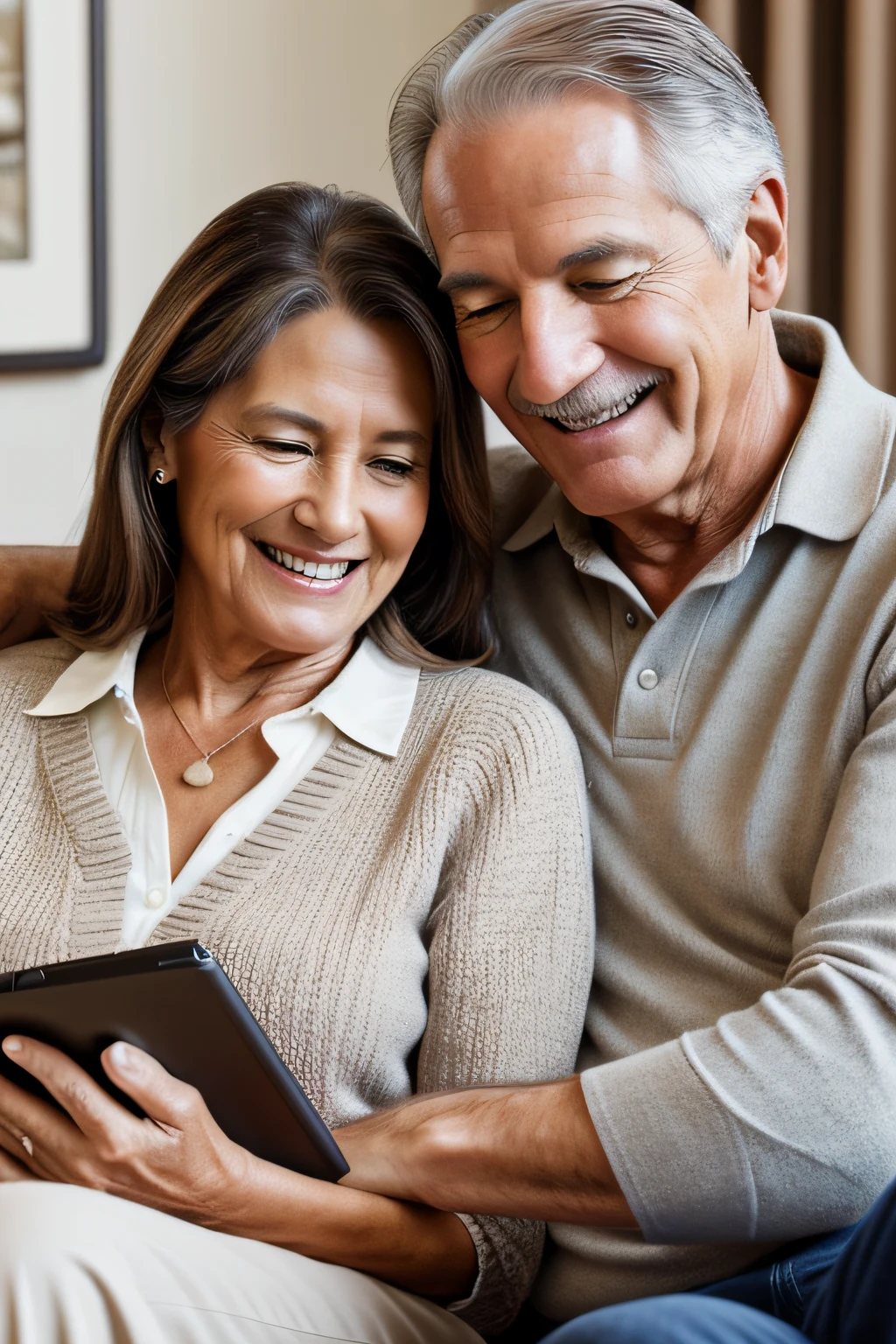 50 year old couple, smiling, brown hair, reading a kindle, iphone camera quality photograph, 8k, photo realistic
