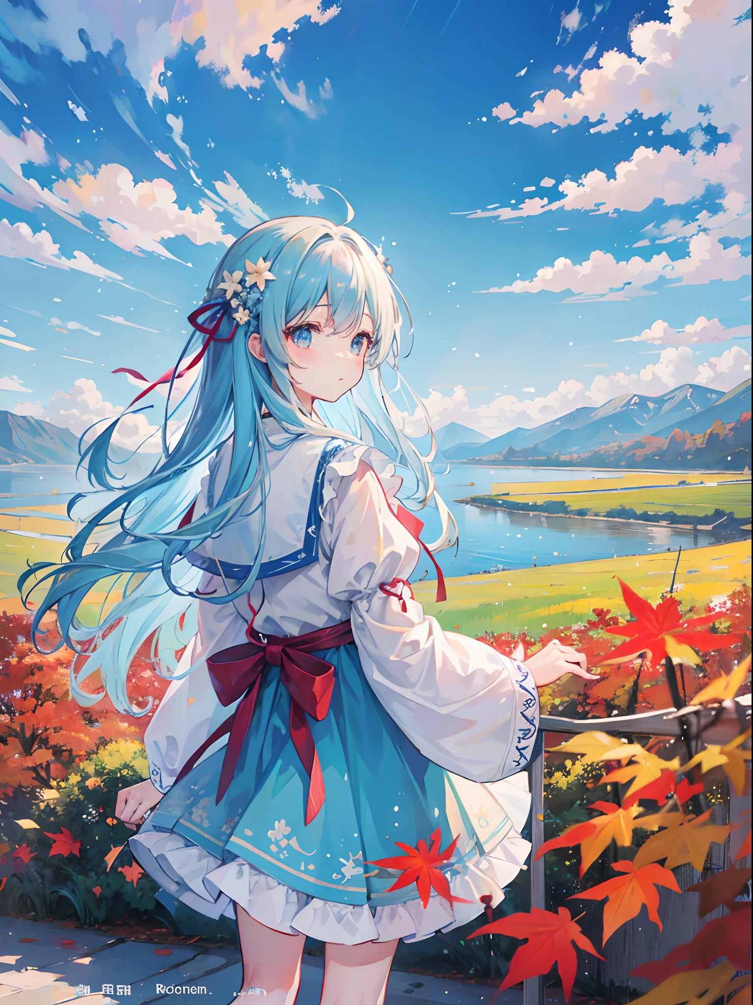 Pretty girl、Light blue long hair、Yellow and brown dresses、autumnal、Pasture、Bright red maple tree、Clear lake、Large clouds、blue open sky、Autumn weather、HD Detail、wet watermarks、Hyper-detailing、movie、surrealism、Soft light、Deep field focus bokeh、Snowy mountains in the distance、Ray traching、surrealism。 --v6