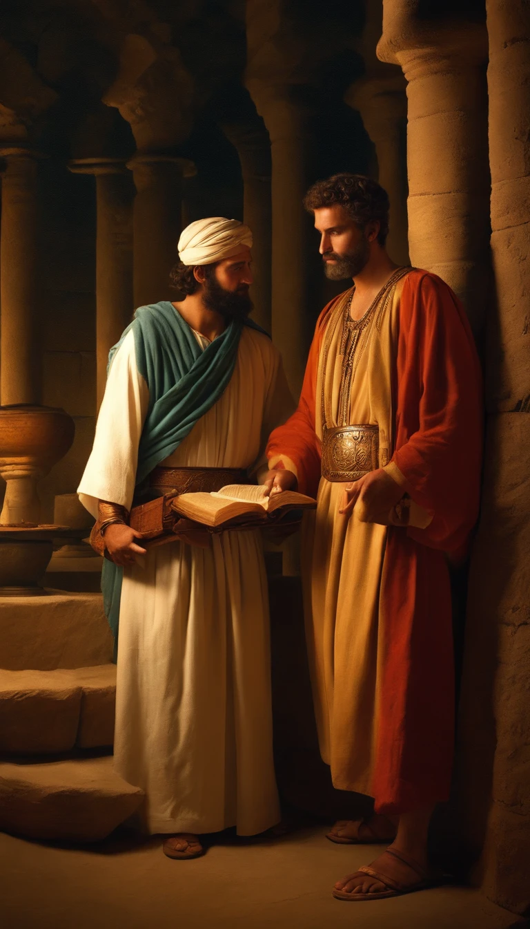 A painting of two men standing next to each other near a building ...