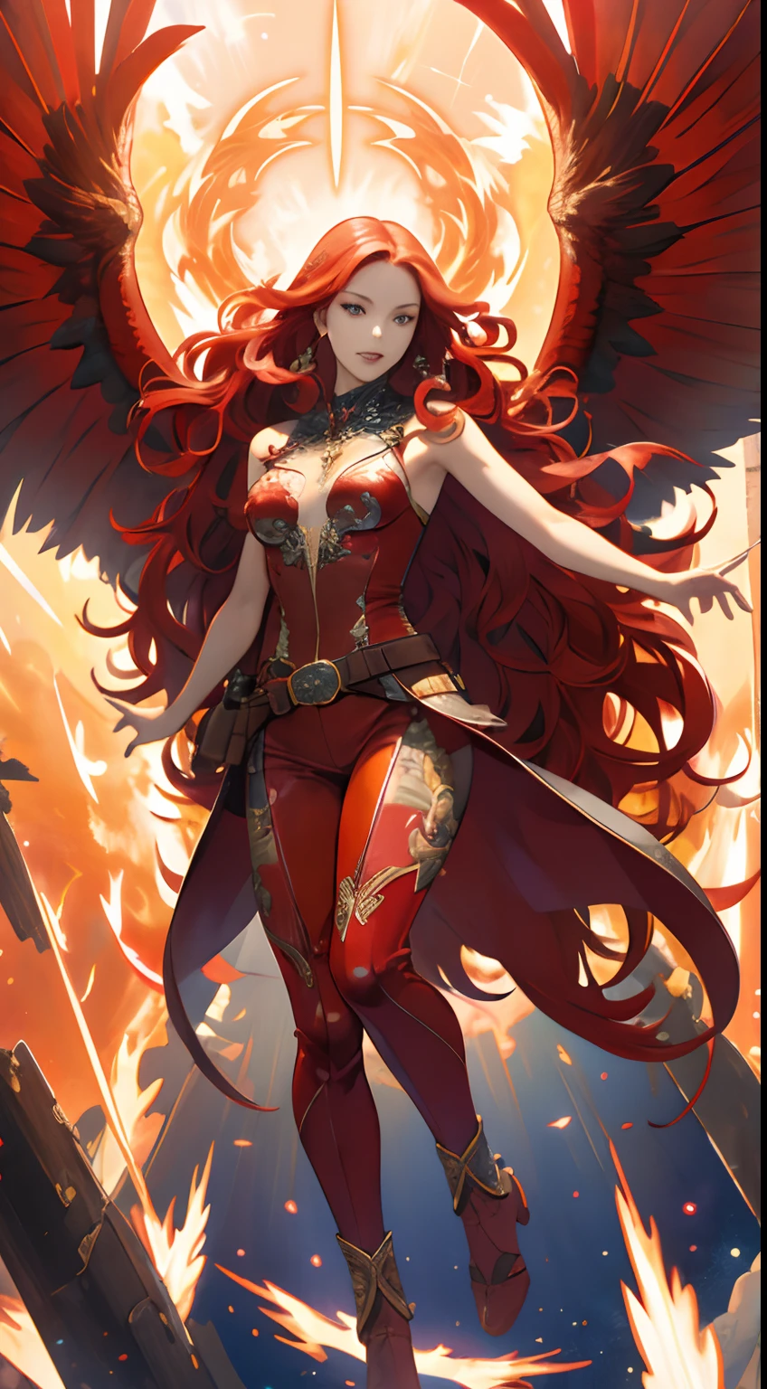 Beautuful Women,a cool,20th generation female,long red wavy hair,Red leather,body suit,heel,ornamented,a belt,breastsout,glareing,With keen eyes,realistic illustration,loimu,Big Flaming Wings,loimu,wingspan,Angelic,Cover the sky,wingspan,plural,Fantastic decoration,full body Esbian,look up sky,Reach for the sky,It's like dancing in space,(Effect Effects),art by,Fantasia,Beautuful Women,