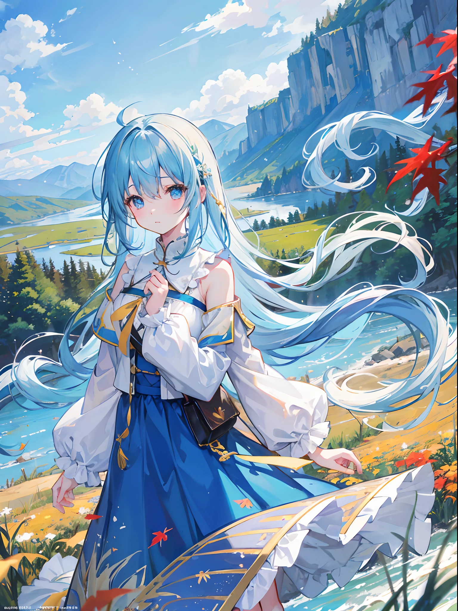 Pretty girl、Light blue long hair、Yellow and brown dresses、autumnal、Pasture、Bright red maple tree、Clear lake、Large clouds、blue open sky、Autumn weather、HD Detail、wet watermarks、Hyper-detailing、movie、surrealism、Soft light、Deep field focus bokeh、Snowy mountains in the distance、Ray traching、surrealism。 --v6