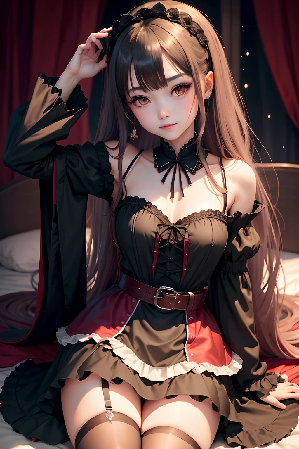 maid clothes、straight haired、A sexy、Glamour、perspiring、Gothic lolita、A slight smil、A sexy、Dark Gothic Makeup、put your hair up、bell sleeves、Wizard Sleeve、garterbelts、knee high socks、a bed、chies、Beautifying the world、Unhappy、17 age、long hair straight red、Lamenting My Night's Fantasy、