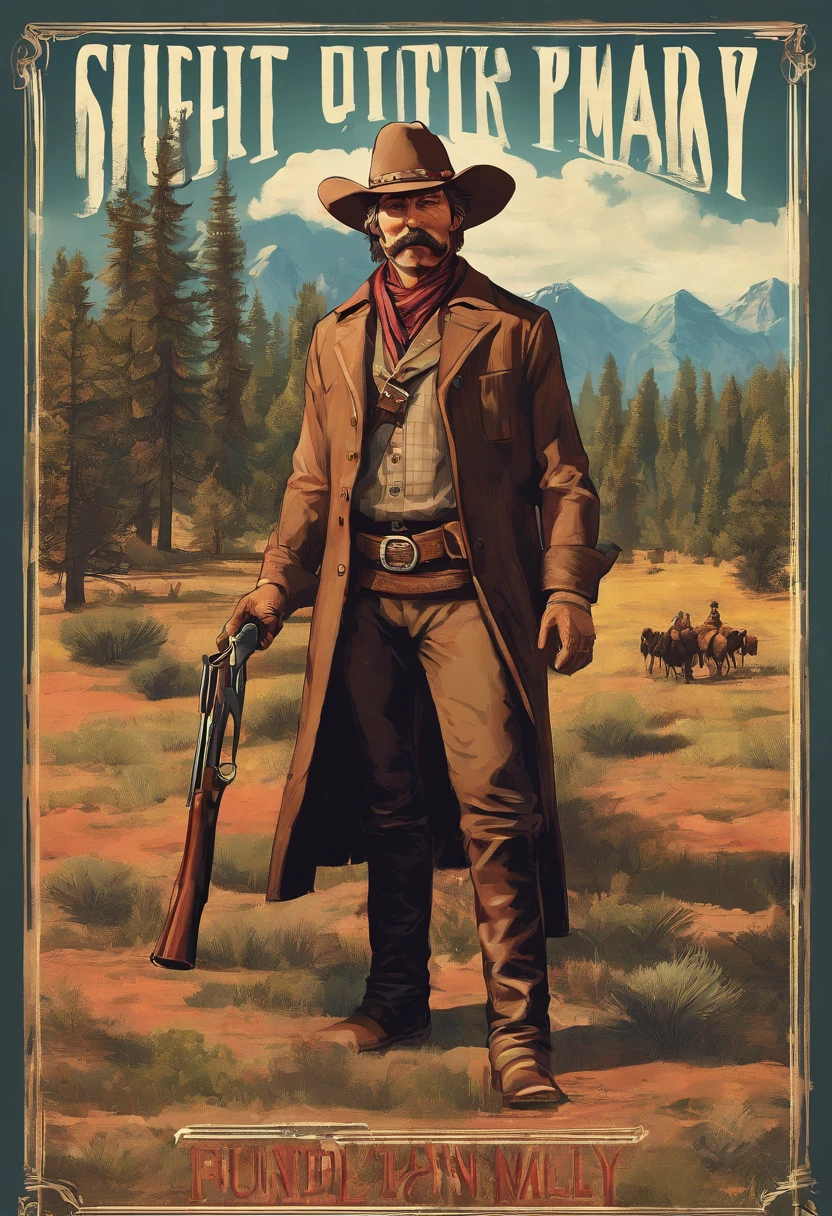 Full body picture of sheriff Curtis Malloy from Red Dead Redemption 2, detailed portrait, vintage illustration, high-res, realistic colors, intricate drawing, vibrant colors, dramatic lighting, full body shot, Nevada hat, nothing but mustache, full body from feet to top. a American eastern 1899 town background, with grass and trees,cigarette card