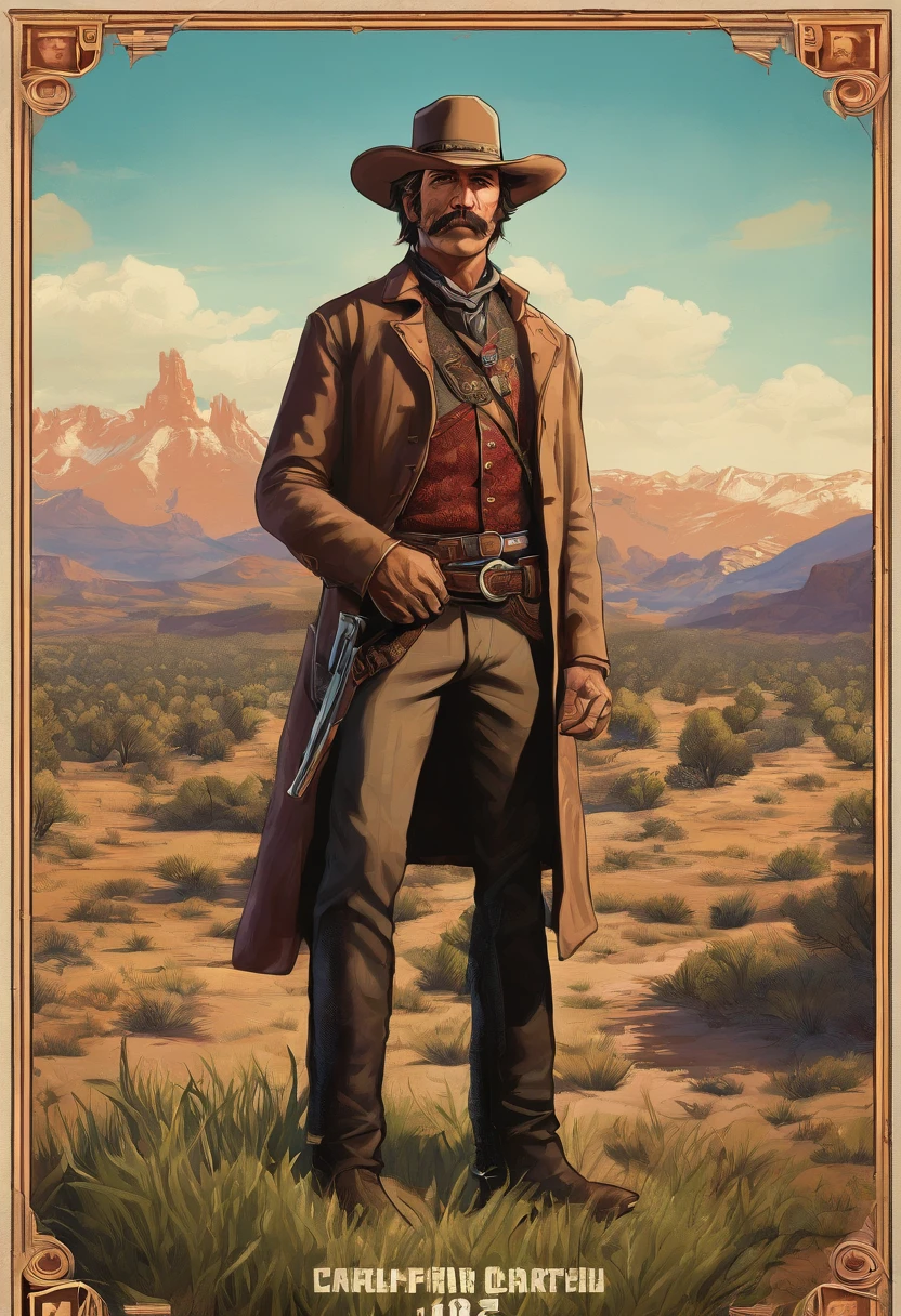 Full body picture of sheriff Curtis Malloy from Red Dead Redemption 2, detailed portrait, vintage illustration, high-res, realistic colors, intricate drawing, vibrant colors, dramatic lighting, full body shot, Nevada hat, nothing but mustache, full body from feet to top. a American eastern 1899 town background, with grass and trees,cigarette card