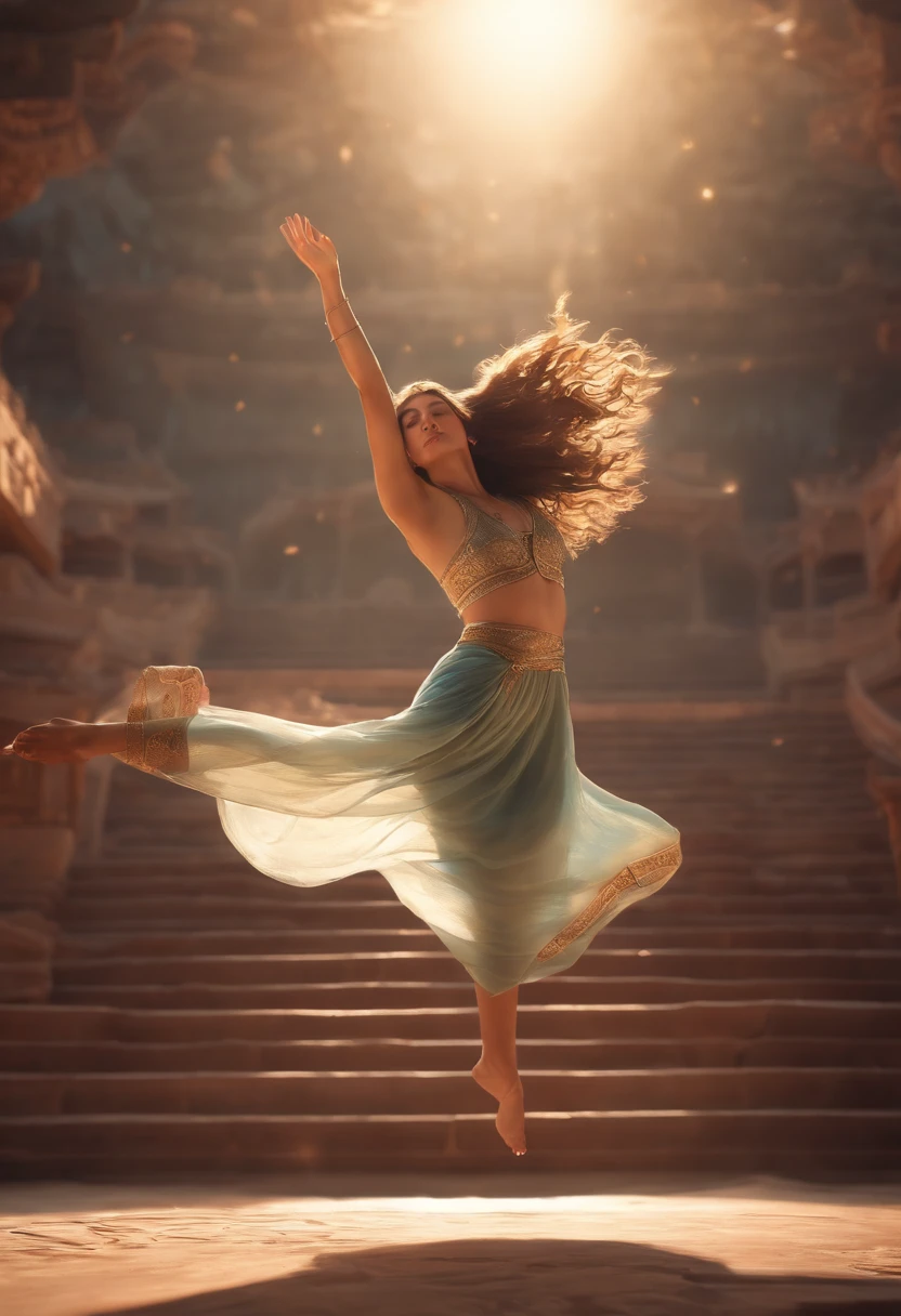 NSFW, (RAW photo, Best quality), (Realistic, photograph realistic: 1.3), Best quality, Highly detailed, Dancing, Flying, in a panoramic view, Vistas, Smile, Shy, Floating, levitating, Dynamic pose, Masterpiece, Super detailed, illustration, 1 girl, The upper part of the body_Body, Dynamic Angle, world masterpiece theater, Messy_Long_Hair, Best quality, Extremely detailed Cg Unity 8K wallpaper, ink, Amazing, Cinematic lighting, lens_ flare,dunhuang_Style,