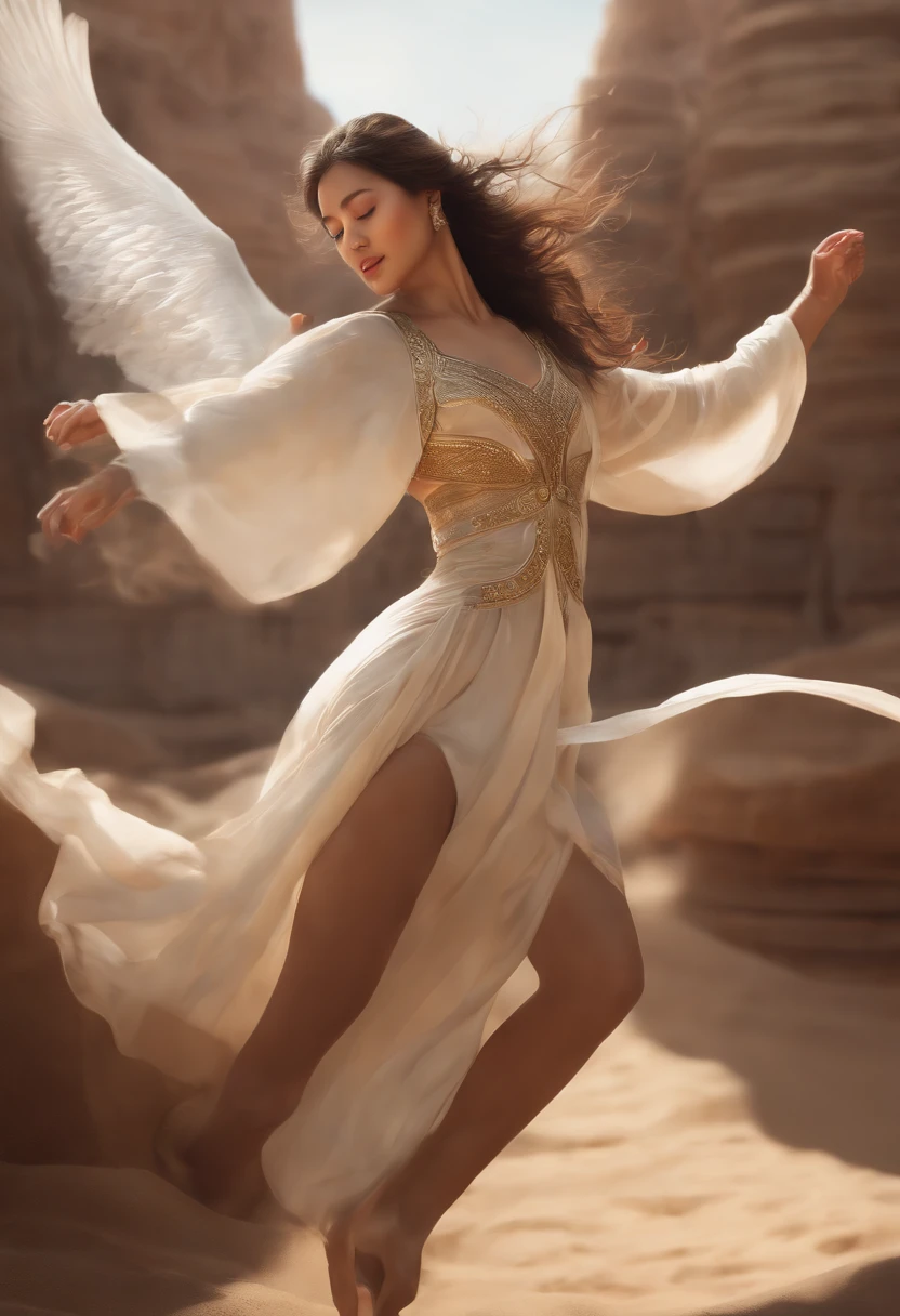 NSFW, (RAW photo, Best quality), (Realistic, photograph realistic: 1.3), Best quality, Highly detailed, Dancing, Flying, in a panoramic view, Vistas, Smile, Shy, Floating, levitating, Dynamic pose, Masterpiece, Super detailed, illustration, 1 girl, The upper part of the body_Body, Dynamic Angle, world masterpiece theater, Messy_Long_Hair, Best quality, Extremely detailed Cg Unity 8K wallpaper, ink, Amazing, Cinematic lighting, lens_ flare，dunhuang_Style，