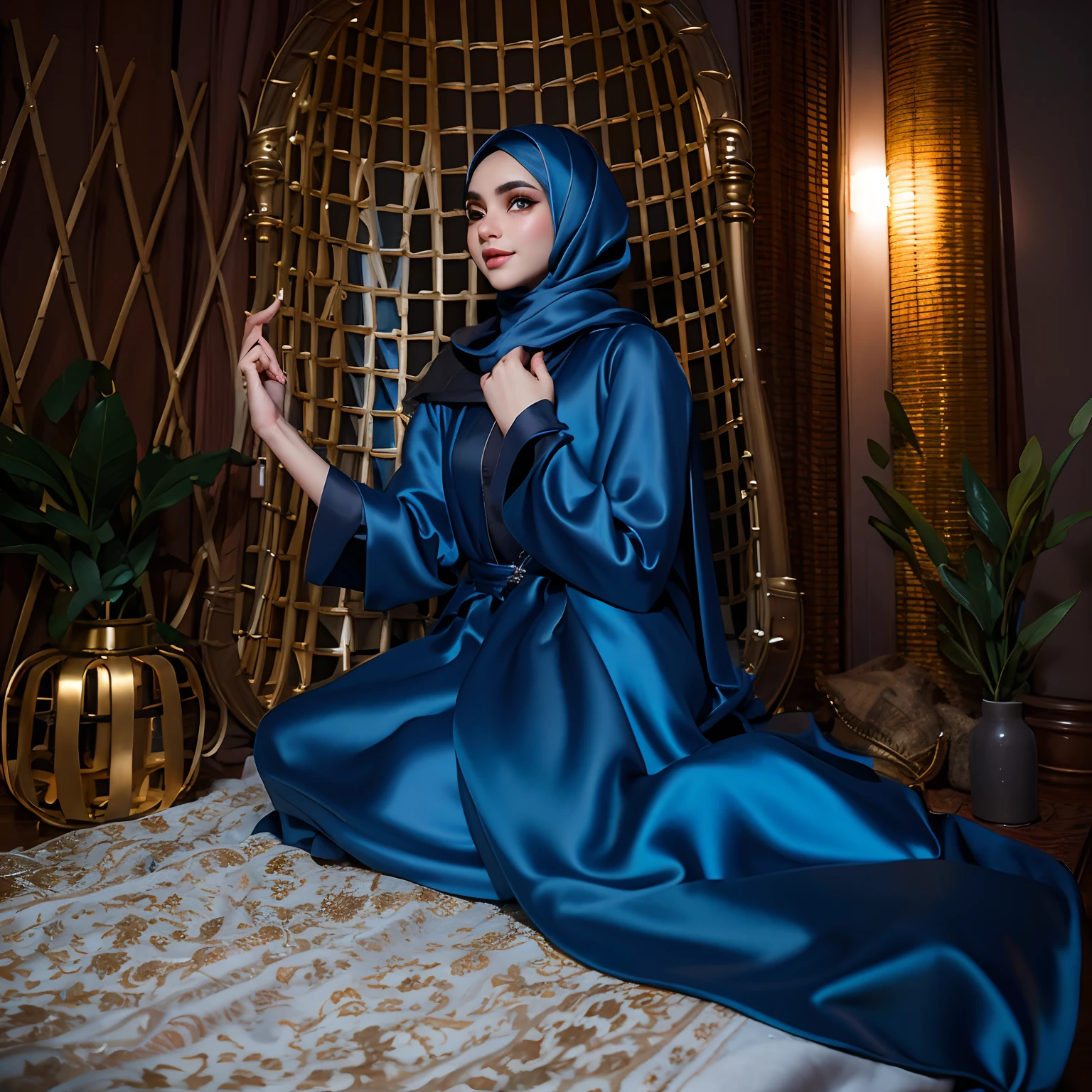 3dmm style, Masterpiece, best quality, photography, detailed skin, realistic, photo-realistic, 3D Character Design, pixar, real cartoon, 8k, highly detailed, full length frame, High detail RAW color art, diffused soft lighting, shallow depth of field, sharp focus, hyperrealism, cinematic lighting, ((close up)) hijab, a woman, beautifully makeup, brown beautiful big eyes, long eye lashes, wearing (Dark blue satin hijab), loosely tide hijab style, ((gray satin kaftan dress))