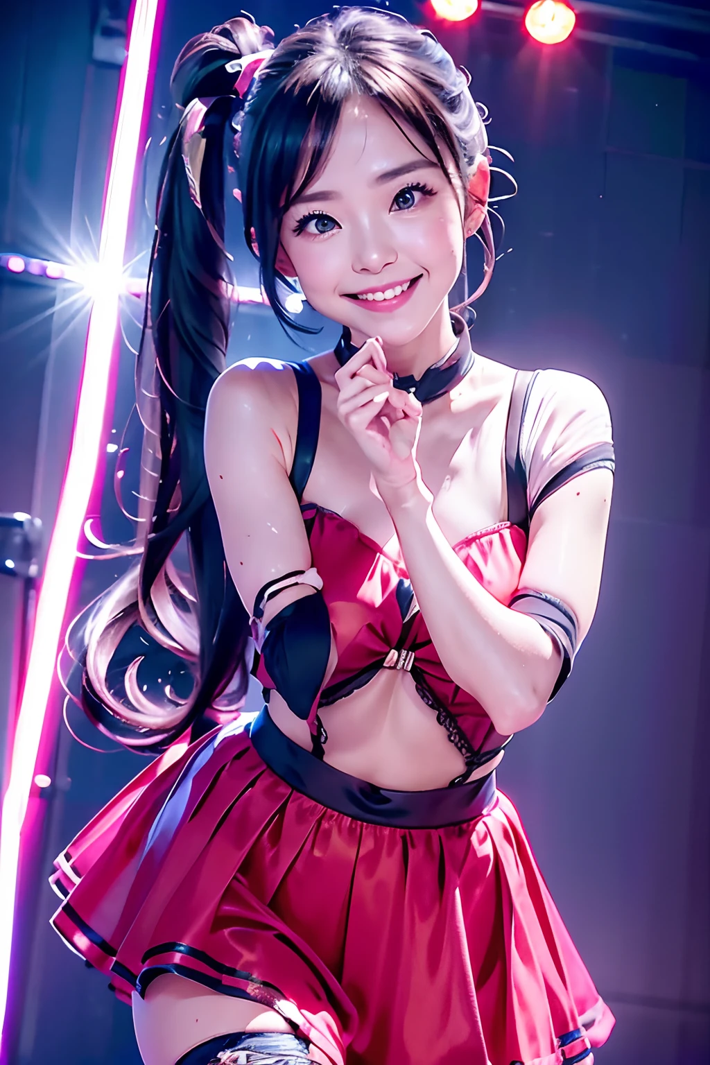 Idol：1：2、hightquality、Live action、Cute moe face girl、「Ribbon Ponytail」、Bright eye、A smile、colorful outfit、Stage Proof、