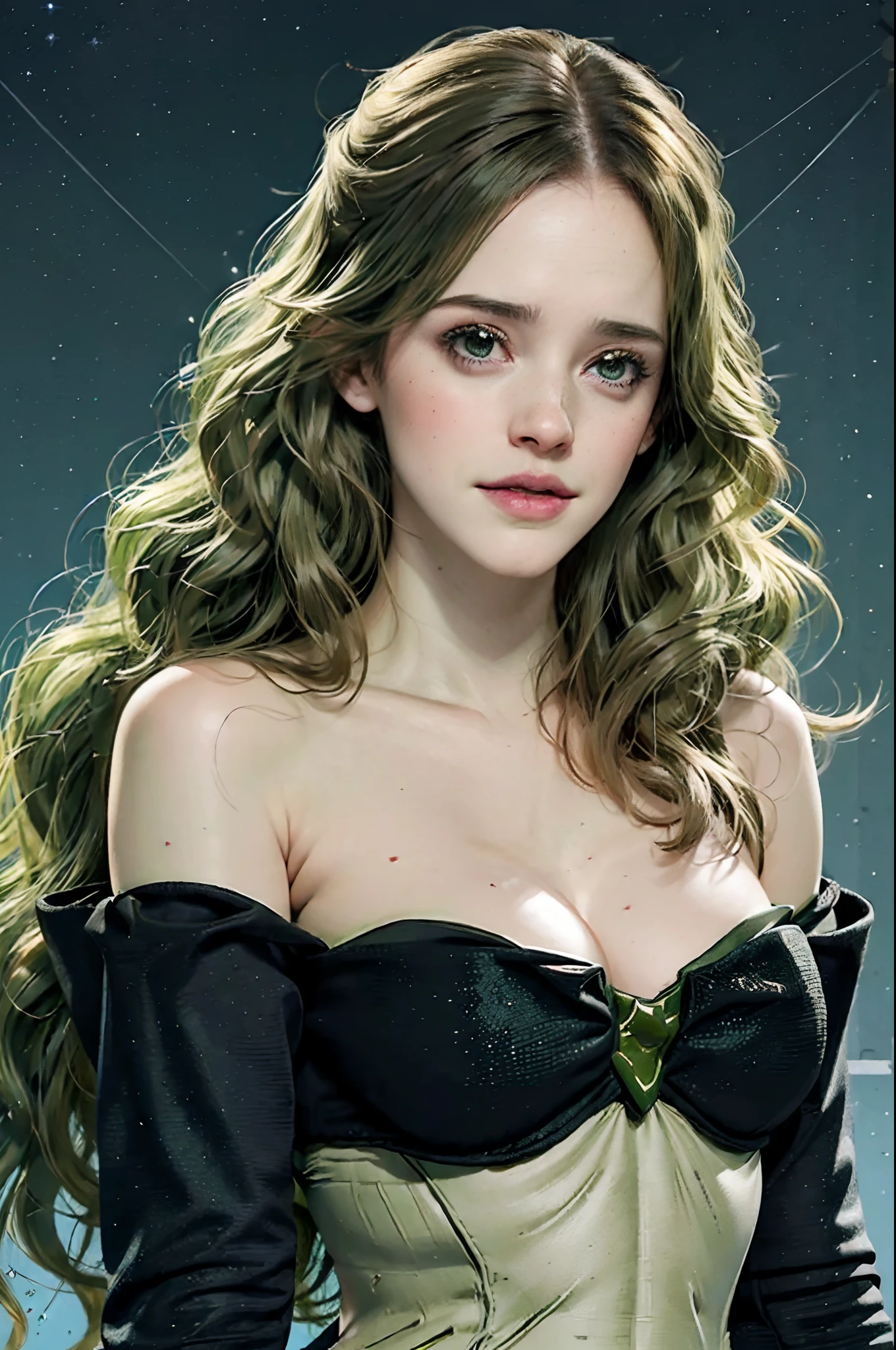 Kat dennings (hyperbolic green skin:1.5), antennas on forehead, big teeth, cleavage, Pikachu, long coat, (sailor moon:1.2), sequins, glowing