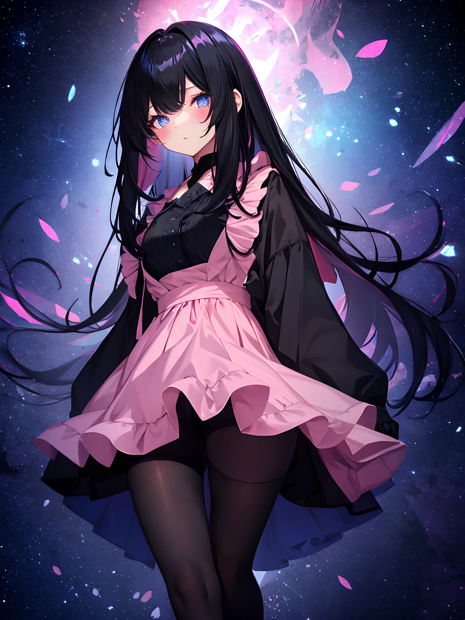 (1 girl), (black hair, pink fringes, long straight hair), ultra detailed blue starry eyes, blush, casual outfit, long skirt, (exposed legs), black glossy pantyhose, medium breasts, close-up