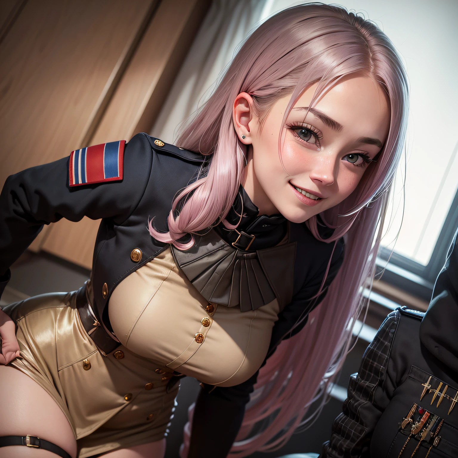 Curly pink hair、hime-cut、Girl with golden eyes、View of the crotch from below、flat chest、Thin pubic hair、Beautiful open legs、Black military uniform