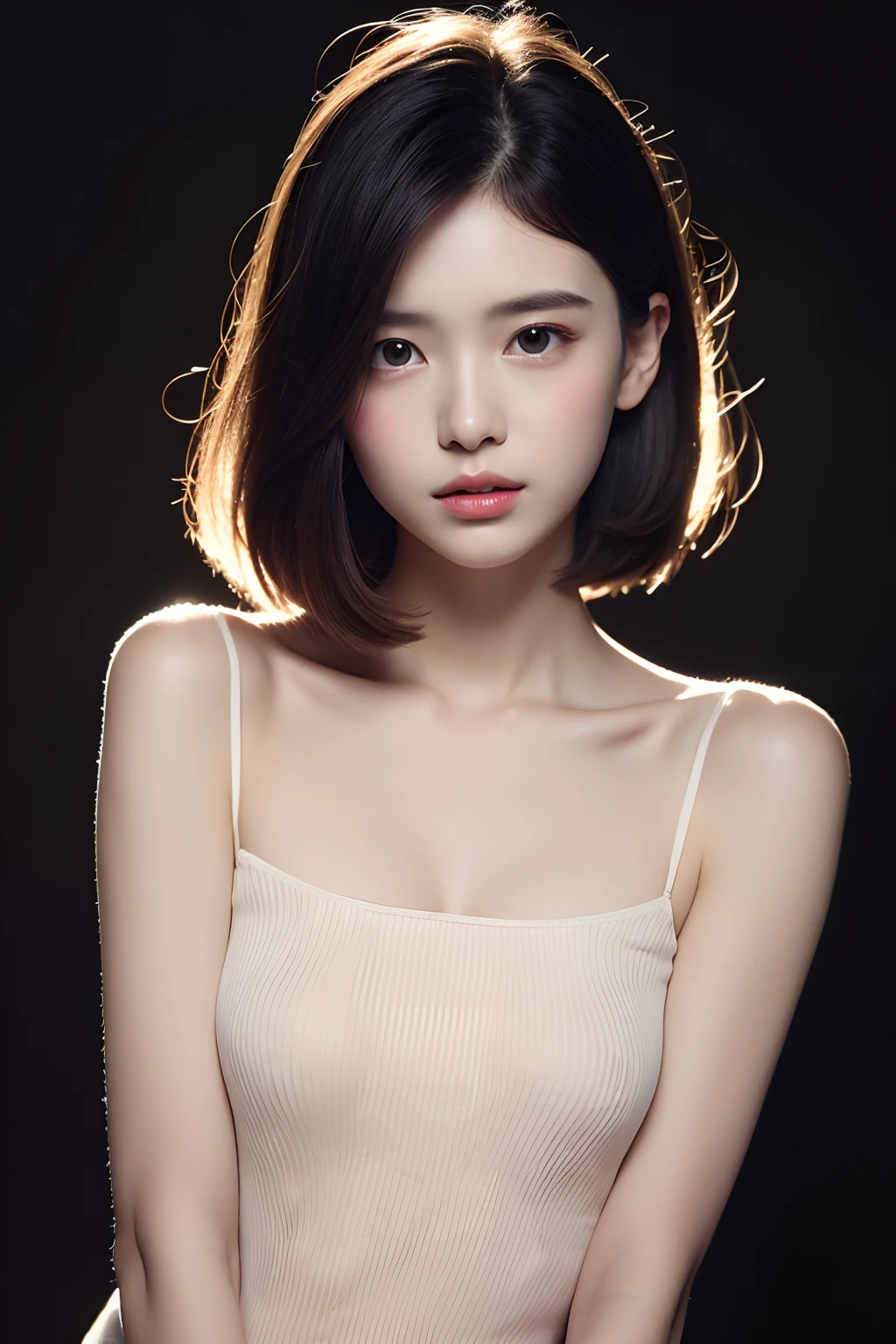 (masuter piece)， realisticlying， photo realisti， One girl，  独奏，beautiful countenance、Lifelike face、A dark-haired、short-hair、Beautiful hairstyle、cparted lips， real looking skin、Beautiful skins、enticing、Cute blouse、 The upper part of the body，A detailed，dark backgrounds，Back lighting、