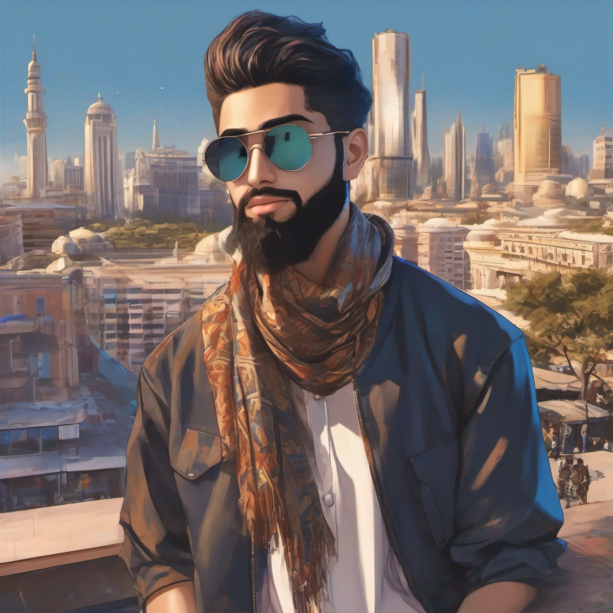 (best quality, highres, ultra-detailed), bearded Muslim man aged 24 years old with sunglasses, modern outfit, detailed facial features, cityscape, blue sky, sunny weather, vibrant colors, realistic lighting