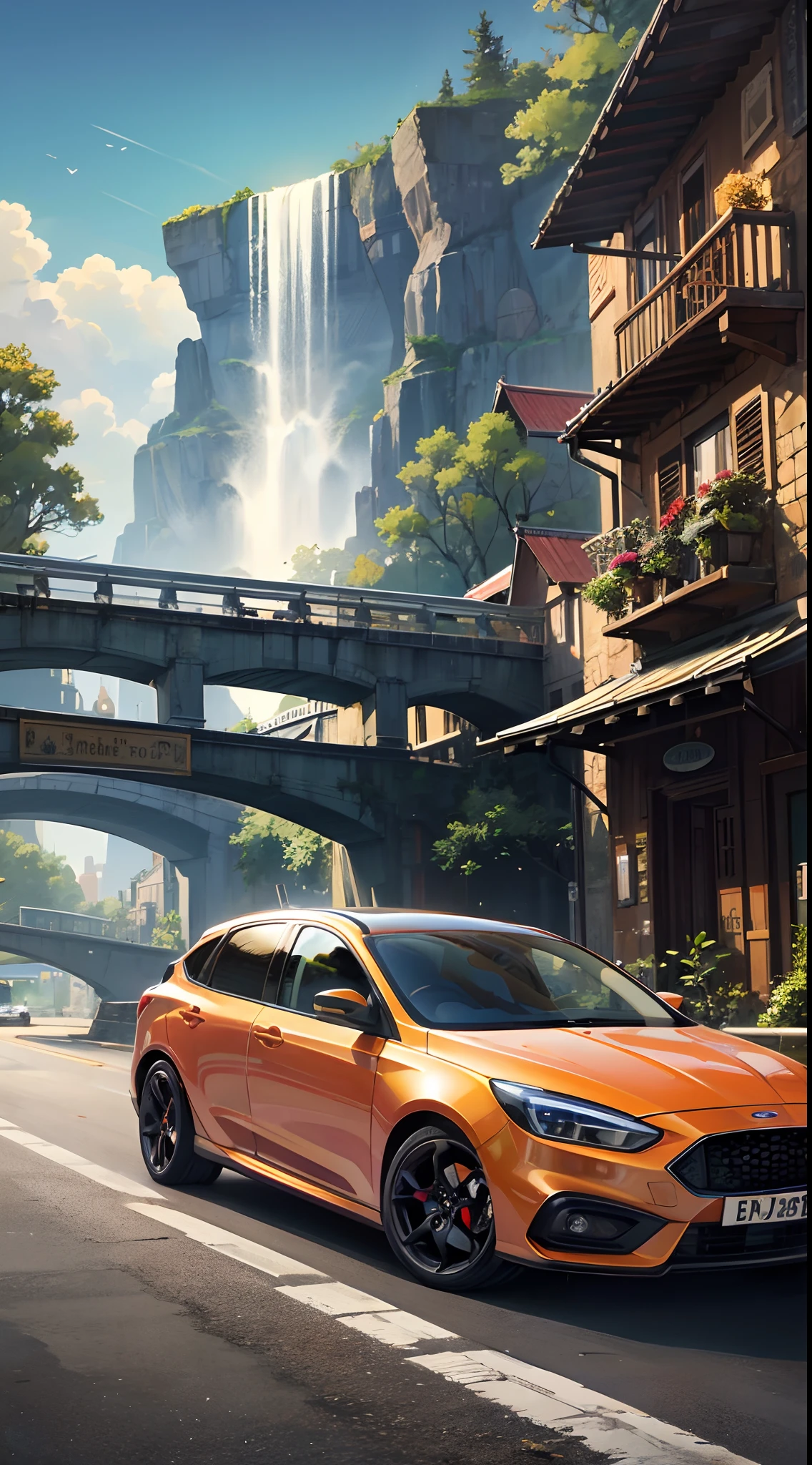 In a magical fantasy world, racers drive magical cars that look like the new BLUE BLUE PERFORMANCE BLUE FORD FOCUS ST MK4 2019 WITH A RED BADGE IN THE SHAPE OF THE LETTERS “ST” ON THE FRONT GRILLE, No Ford badge on the grille, only Ford badge on the bonnet, the car can accelerate instantaneously, and the competition venue is a huge floating island. The track is surrounded by floating crystal pillars and flowing waterfalls, and every turn requires racers to unleash powerful magical powers to steer the car. As they pass through the waterfall curtain at an astonishing speed, the air around them is filled with the scent of flowers and mysterious magical energy, making them feel an otherworldly and wonderful experience.
,masterpiece, best quality,8k, ultra highres,