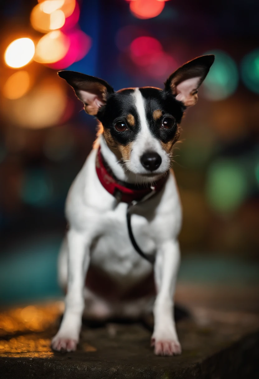 (a rat terrier) hacking (detailed costume), (the Rat Terrier) located at (the Berlin Wall), (detailed graffiti), (vivid colors, street art style), (mysterious atmosphere), (nighttime, neon lights), (bricked texture), (best quality, highres), (bokeh, blurred background), (graffiti artists), (urban landscape), (cyberpunk aesthetic), (surveillance cameras), (urban decay), (urban exploration)