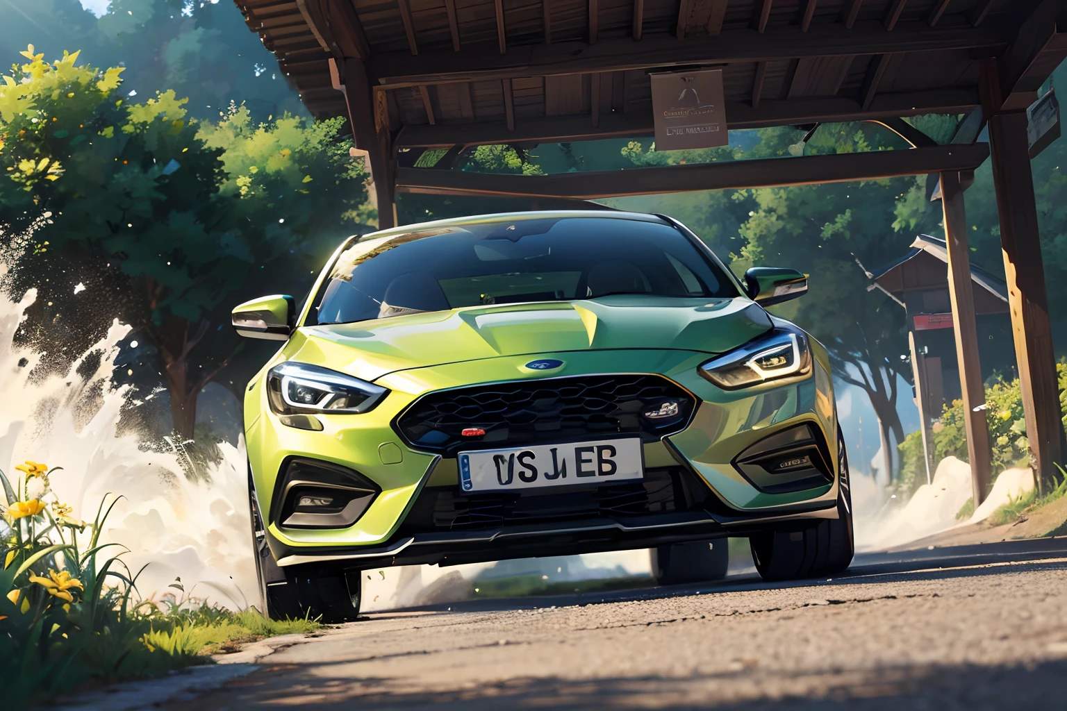 In a magical fantasy world, racers drive magical cars that look like the new BLUE FORD FOCUS ST MK4 2019 WITH A RED BADGE IN THE SHAPE OF THE LETTERS “ST” ON THE FRONT GRILLE, No Ford badge on the grille, only Ford badge on the bonnet, the car can accelerate instantaneously, and the competition venue is a huge floating island. The track is surrounded by floating crystal pillars and flowing waterfalls, and every turn requires racers to unleash powerful magical powers to steer the car. As they pass through the waterfall curtain at an astonishing speed, the air around them is filled with the scent of flowers and mysterious magical energy, making them feel an otherworldly and wonderful experience.
，masterpiece, best quality，8k, ultra highres，