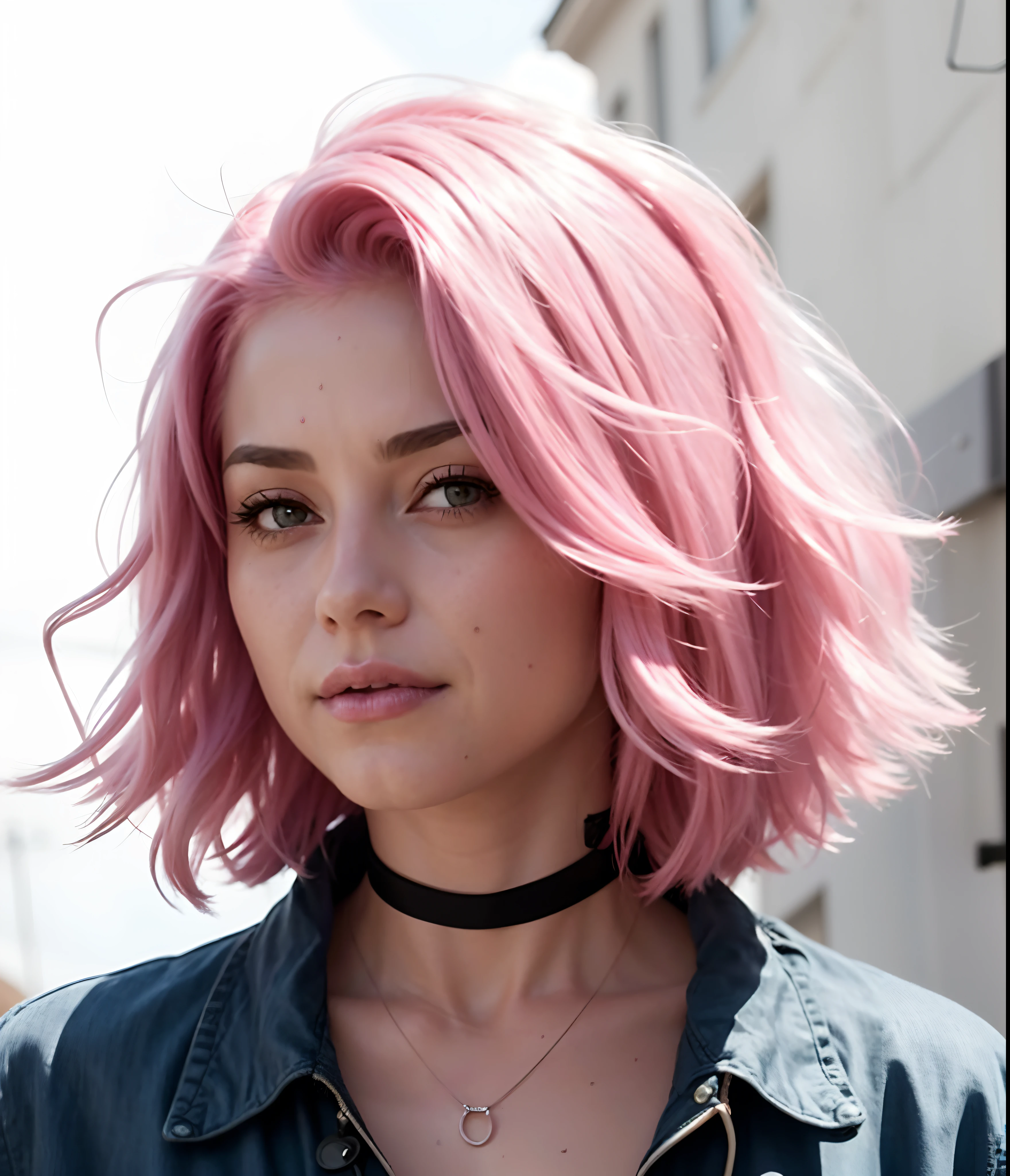 arafed woman with pink hair and a choke on her neck, pink wispy hair, pink hair, bubblegum hair, cute girl with short pink hair, short pink hair, pink short hair, flowing pink hair, with pink hair, light pink hair, dyed hair, colored hair, pink straight hair, huge pink hair, pastel hair, rose hair, bright hair