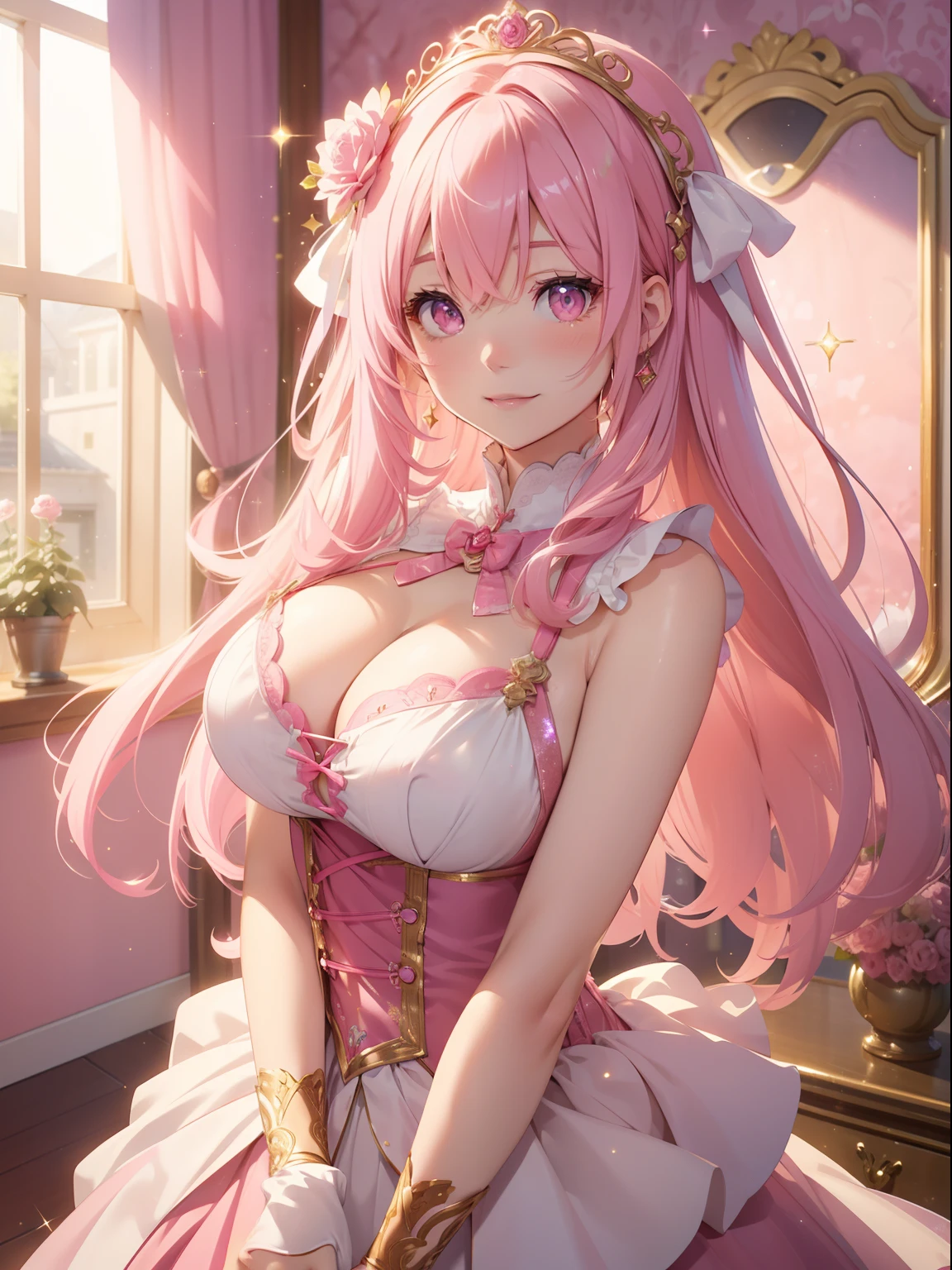 masutepiece, High resolution, 8K, anime woman, Delicate and detailed writing 、Detailed digital illustration、Very long hair and shiny、Bangs、a very beautiful woman、Eyes are double, Large, Bust is D cup、High image quality, High quality、Detailed background、(((Wearing idol clothes)))、((Pink room background))、The inside of the eye shines like a diamond、Light pink hair、Gradient pupil、(((2 arms、4 fingers, 1 thumb)))、Detailed female face、Very beautiful and cute woman、、细致背景、​masterpiece、Soft Focus , Bright gradient watercolor , Lens Flare , (((Glitter))) , Glow , Dreamy , 、Less exposure、Nothing at hand、Idol、Pink ribbon、Very beautiful red rose hair accessories、Pink and gold outfit、White is the main costume、((A smile))、((POV))、Arms up、(((Pink background)))、Morning background