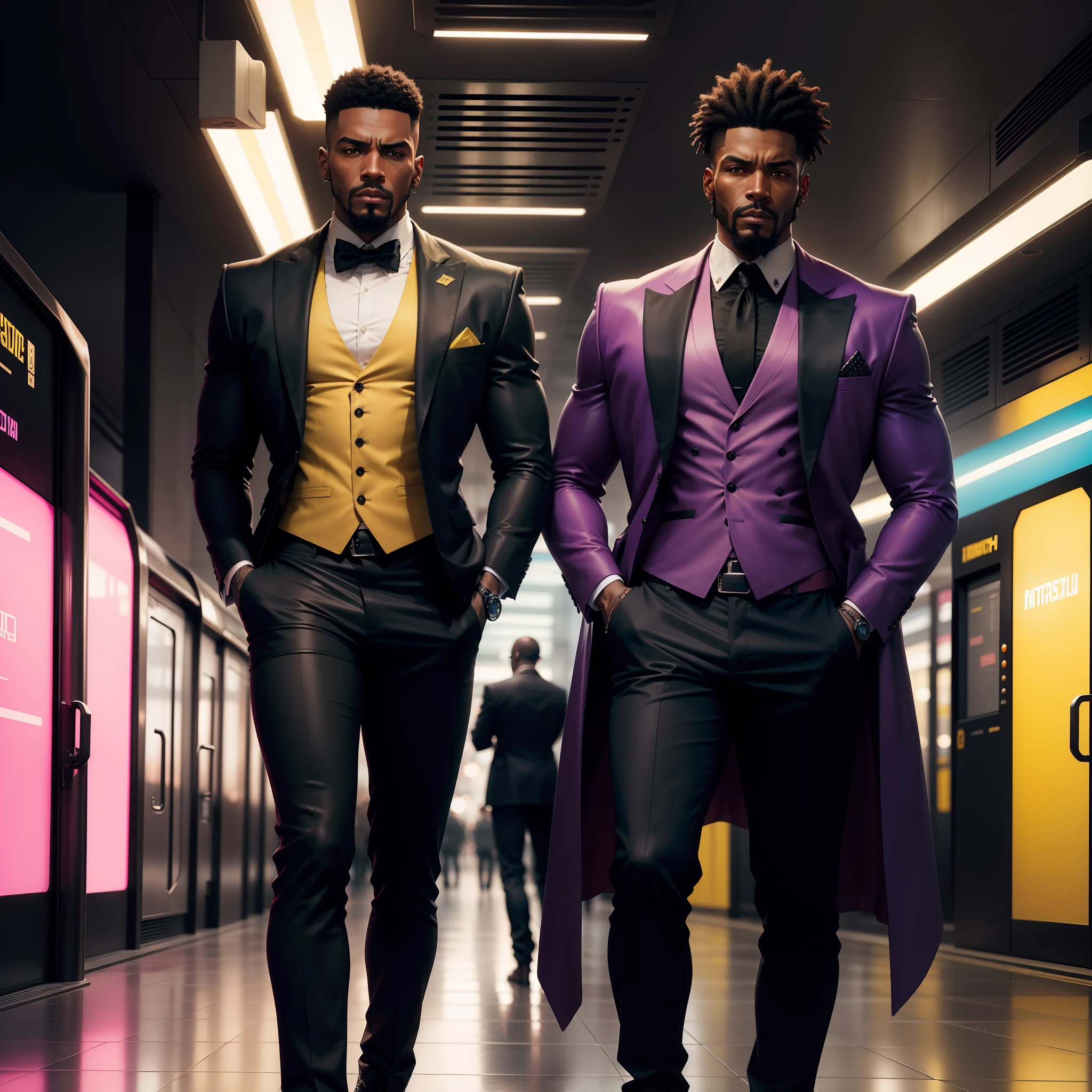 I'd like a cyberpunk style image in 4k average photo of three black characters ,40 anos de idade,,africano, forte, musculoso, de pele negra ,barba grande,barba, Estiloso Barbon,com cabelo punk estilo anos 80 na cor amarelo e cinza escuro,muito eLegante,, futurista e estiloso neon , com uma tatuagem super colorida e com neon ,Toattoo, facing a metro station on the platform , with station lights failing in a dimly lit environment, standing dressed in a dark yellow suit with a pink bow tie and baggy shirt.