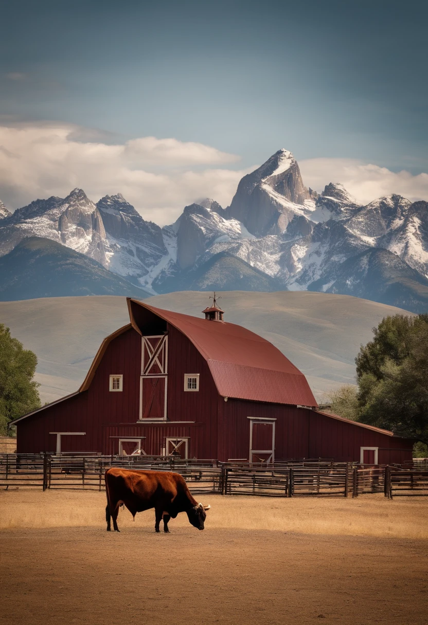 Cattle ranch with barn house and corral with mountains and steer in the background