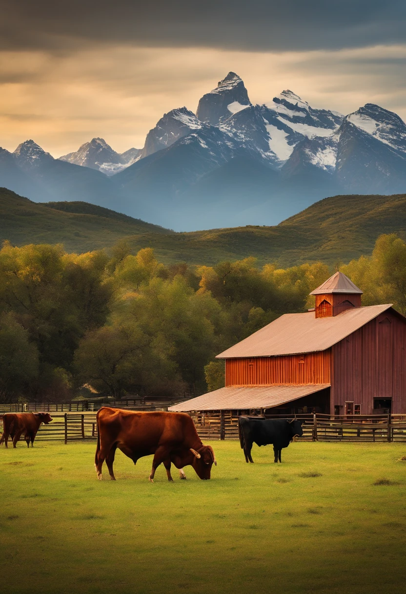 Cattle ranch with barn house and corral with mountains and steer in the background