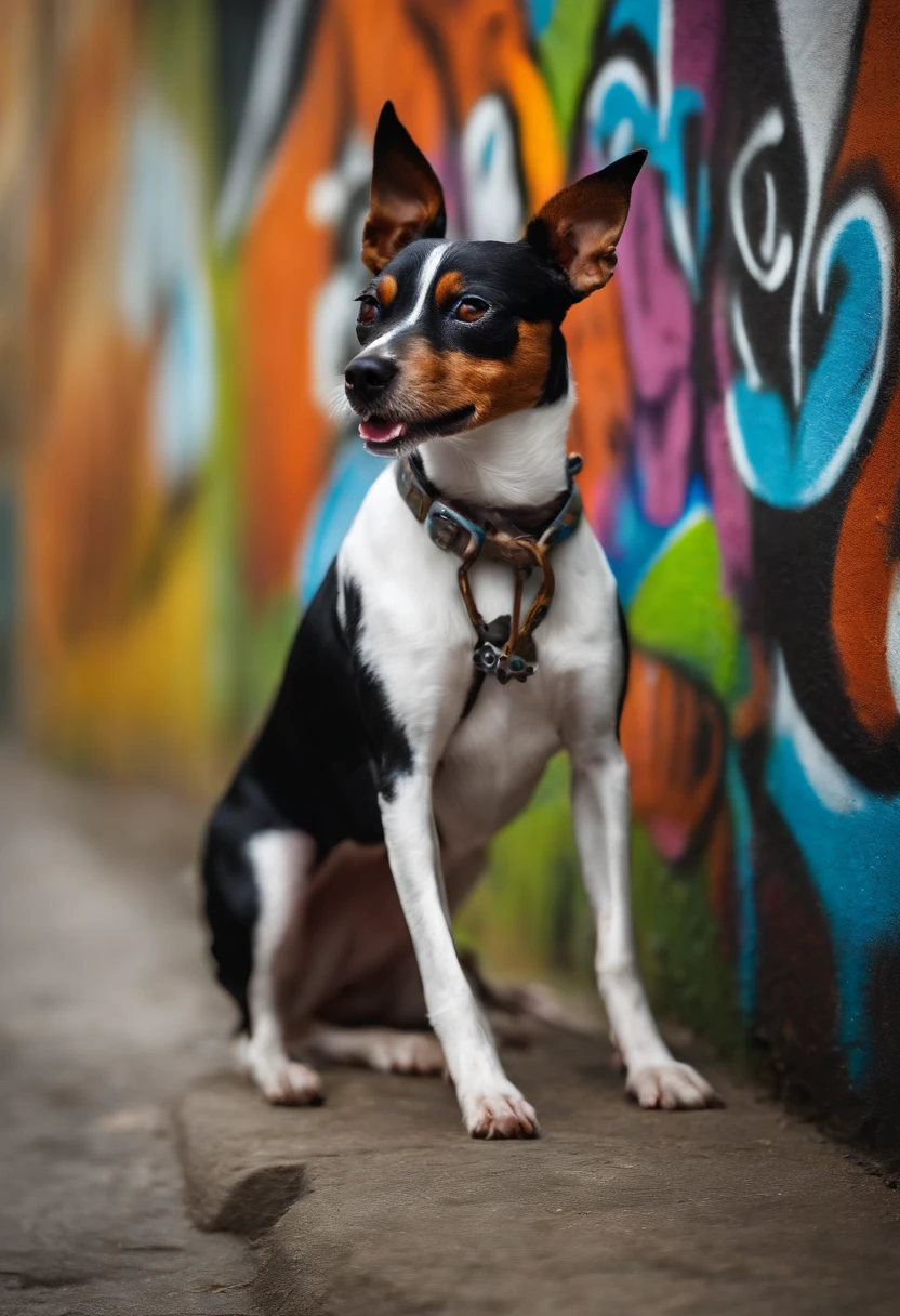 Darle al rat terrier un estilo de rapero, con un martillo en la mano, rompiendo un muro con graffiti