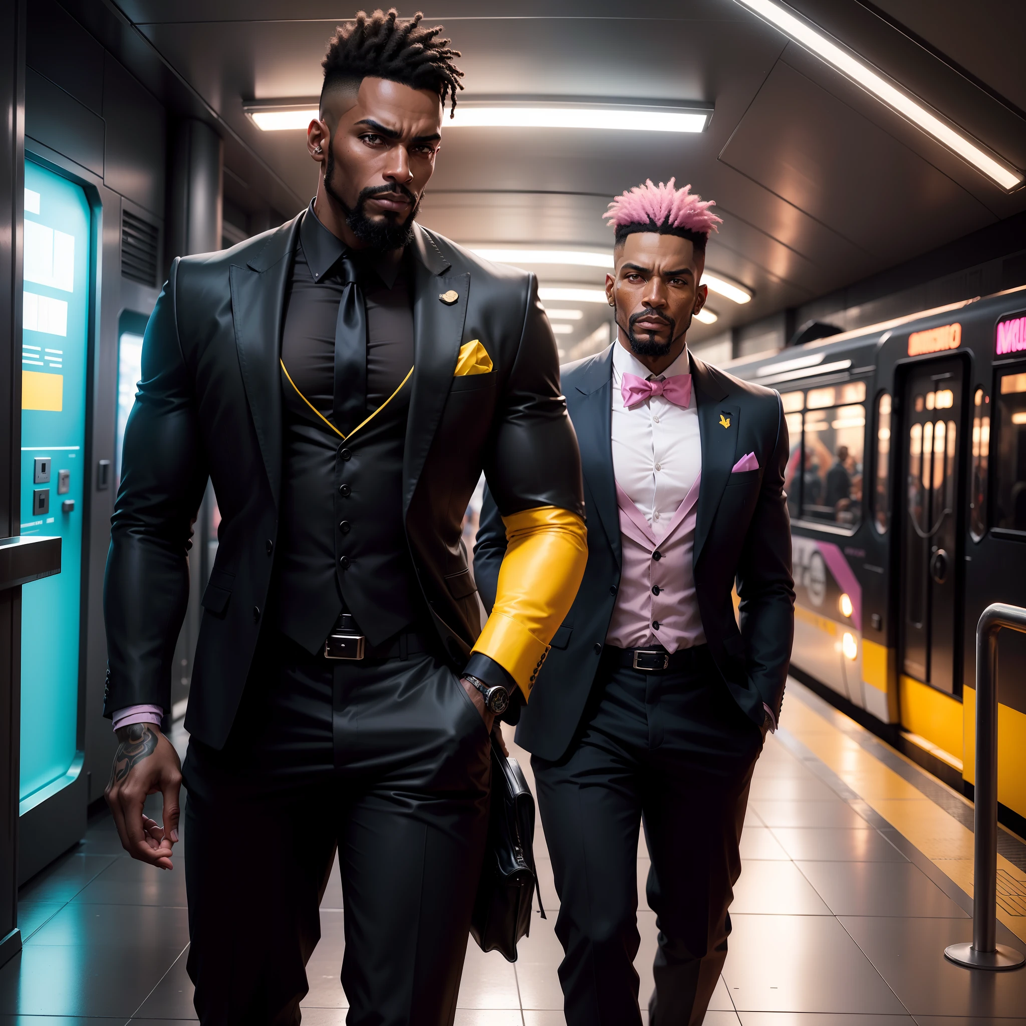 I'd like a cyberpunk style image in 4k average photo of three black characters ,40 anos de idade,,africano, forte, musculoso, de pele negra ,barba grande,barba, Estiloso Barbon,com cabelo punk estilo anos 80 na cor amarelo e cinza escuro,muito eLegante,, futurista e estiloso neon , com uma tatuagem super colorida e com neon ,Toattoo, facing a metro station on the platform , with station lights failing in a dimly lit environment, standing dressed in a dark yellow suit with a pink bow tie and baggy shirt.