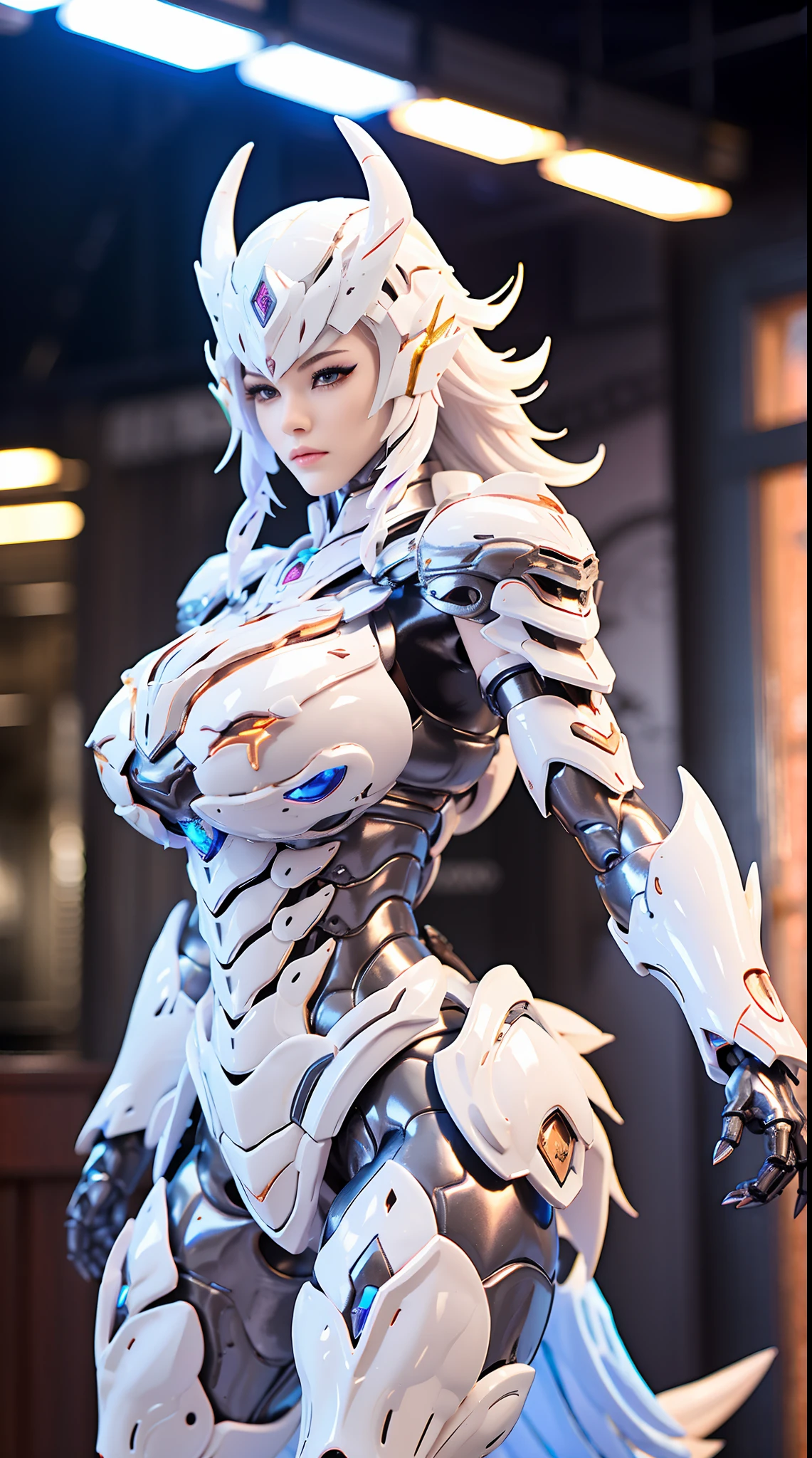 SILVER DRAGON QUEEN, HUGE BOOBS, MECHA HEAVY ARMOR, TRANSPARANT, STANDING, THICK BODY, MUSCLE ABS.