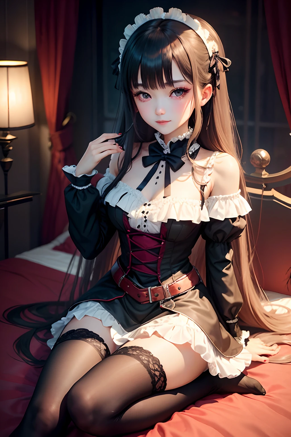 maid clothes、straight haired、A sexy、Glamour、perspiring、Gothic lolita、A slight smil、A sexy、Dark Gothic Makeup、put your hair up、bell sleeves、Wizard Sleeve、garterbelts、knee high socks、a bed、chies、Beautifying the world、Unhappy、age19、long hair straight red、Lament my night's fantasy、Beautie、Beautiful shape、wretched、