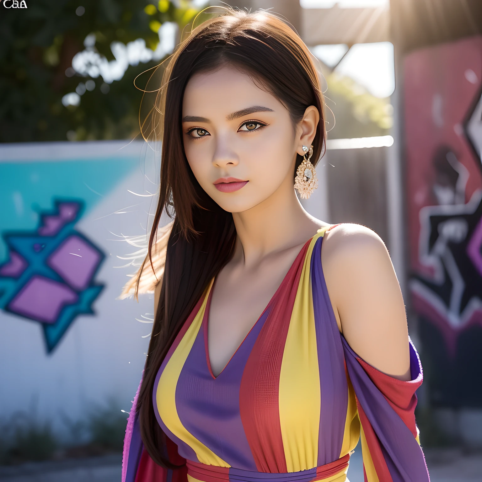 Photo of a 28-year-old German woman, Reina, diosa, (Cara delgada:1.2), Maquillaje Kpop Idol, cana, purple eyes, (sonrojarse:1.1), (They are smiling:0.8), gargantilla, pechos gigantescos, muslo, (multicolor_vestido a rayas:1.2), Parte superior del cuerpo, Pecas, soft dramatic lighting, Epic Background, Bokeh, Muro de graffiti,