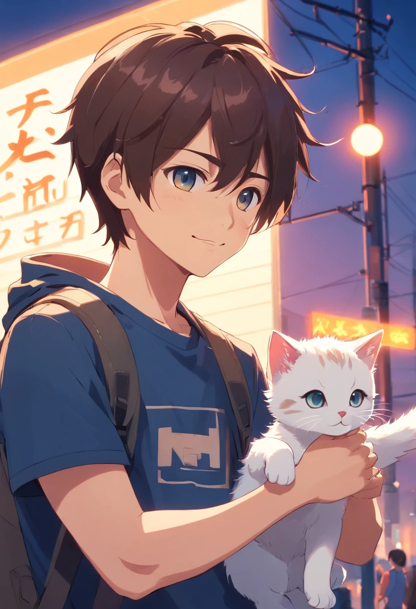 1 man looking at a kitten white,Boys with headphones,ssmile,The background is dark blue, Wearing Black T-shirt