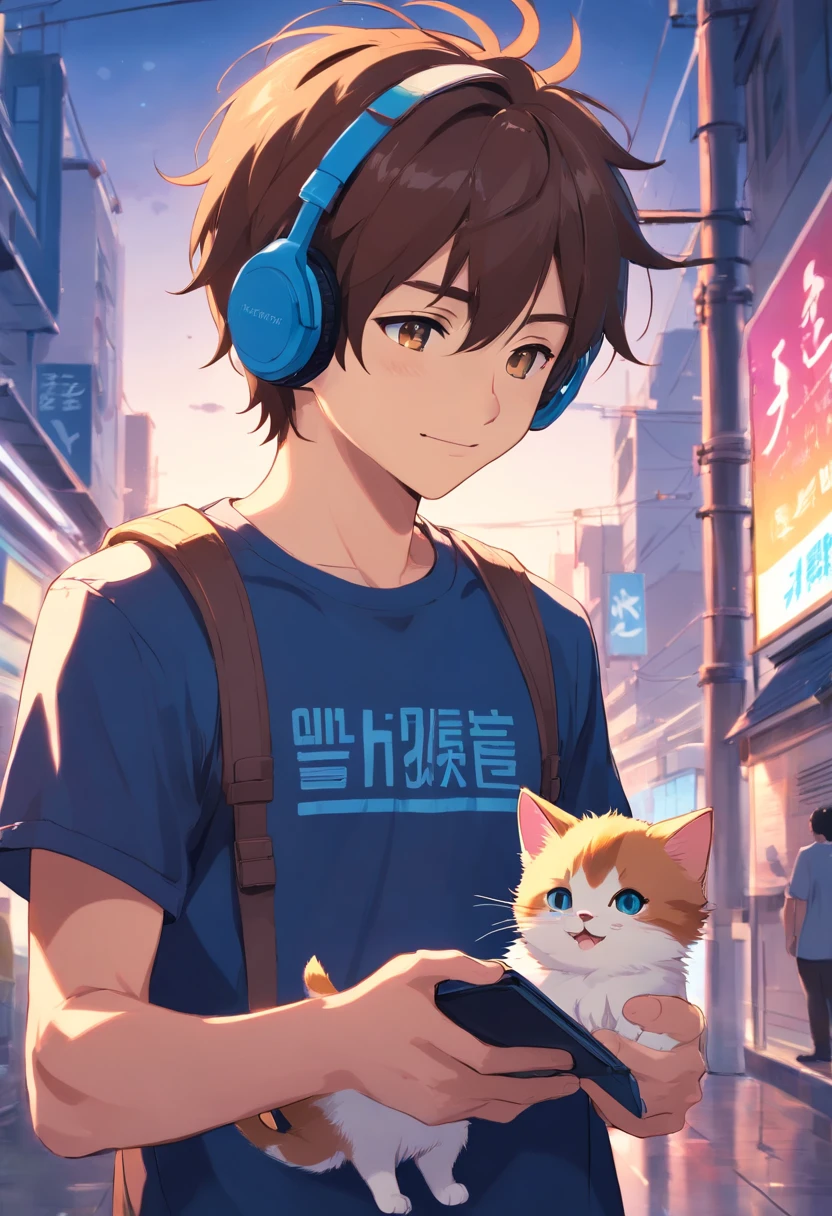 1 man looking at a kitten white,Boys with headphones,ssmile,The background is dark blue, Wearing Black T-shirt