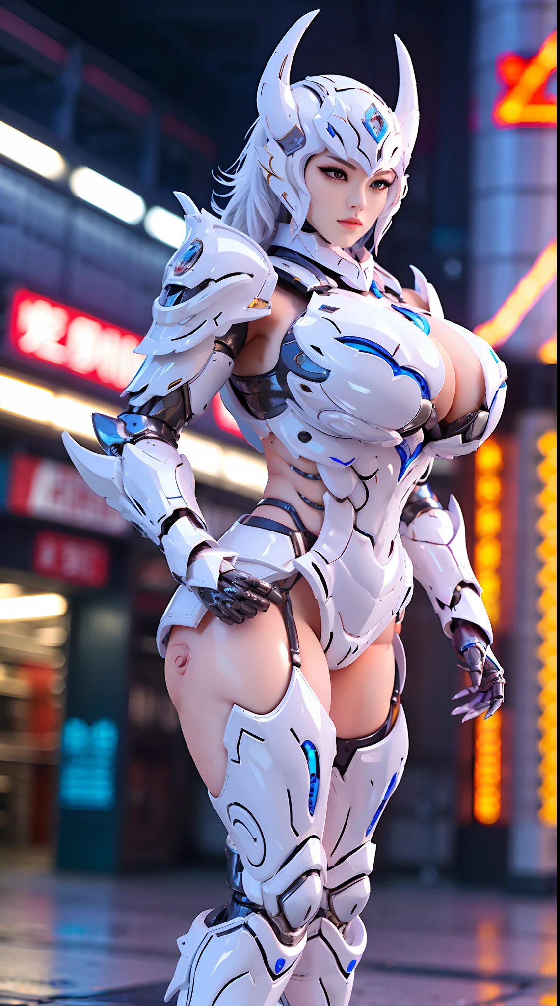 SILVER DRAGON QUEEN, HUGE BOOBS, MECHA HEAVY ARMOR, TRANSPARANT, STANDING, THICK BODY, MUSCLE ABS.