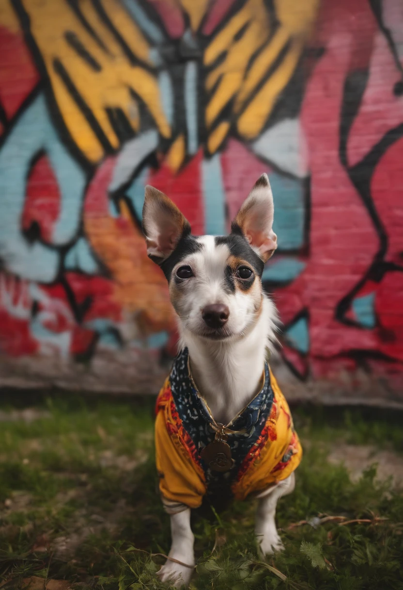 A combination of humanoid Rat Terrier, con ropa de rapper, painting graffiti on the Berlin Wall. Arte digital. fantasy. Arte callejero