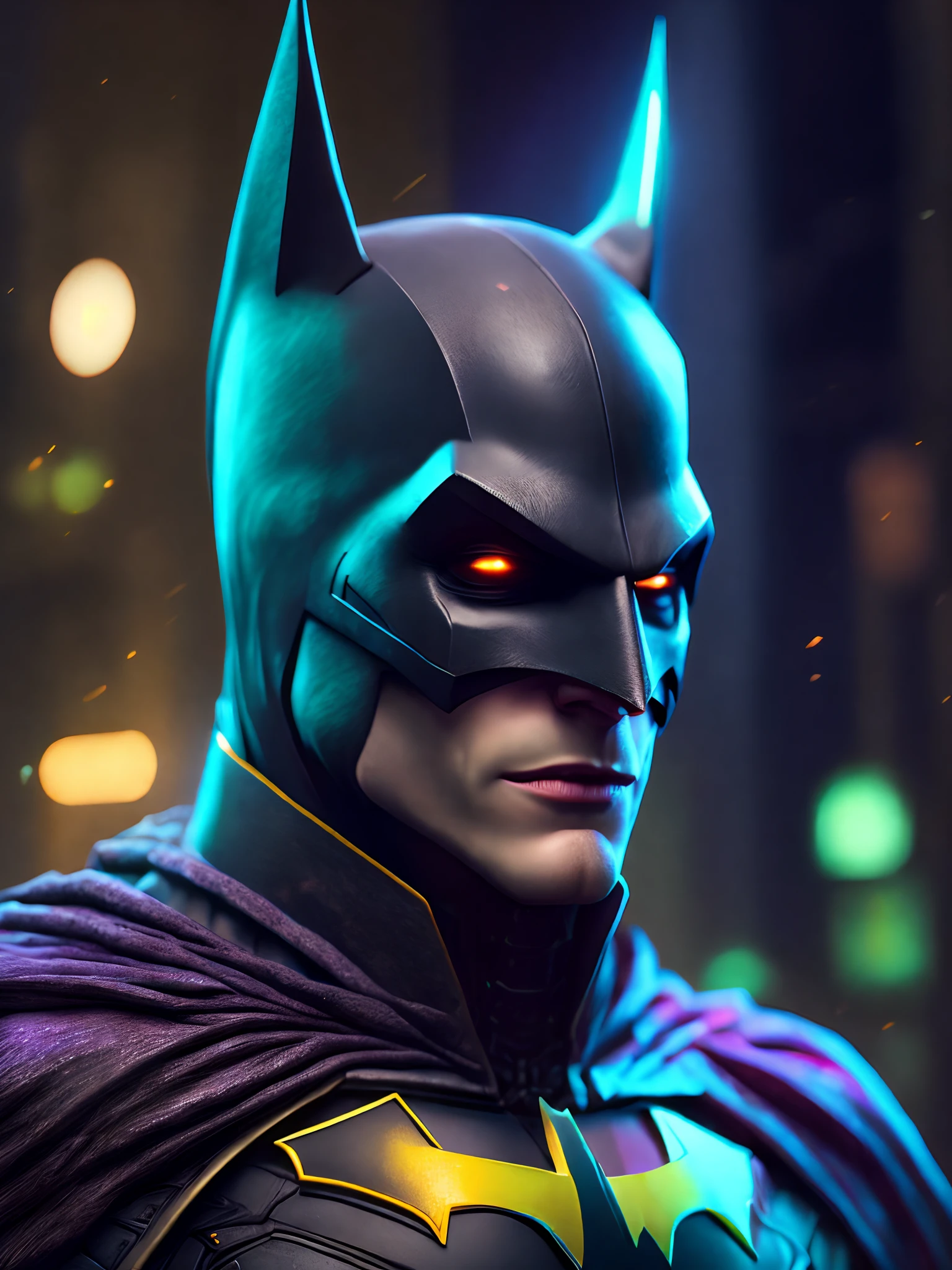 Retrato, Coringa Batman da DC, bio-mechanical, complex robot, crescimento completo, hiperrealista, pequenos detalhes insanos, linhas extremamente limpas, aesthetic cyberpunk, obra-prima apresentada em Zbrush Central, Gothic brutalist cathedral, cyberpunk, foto premiada, bokeh, luzes neon, cybernetic limb