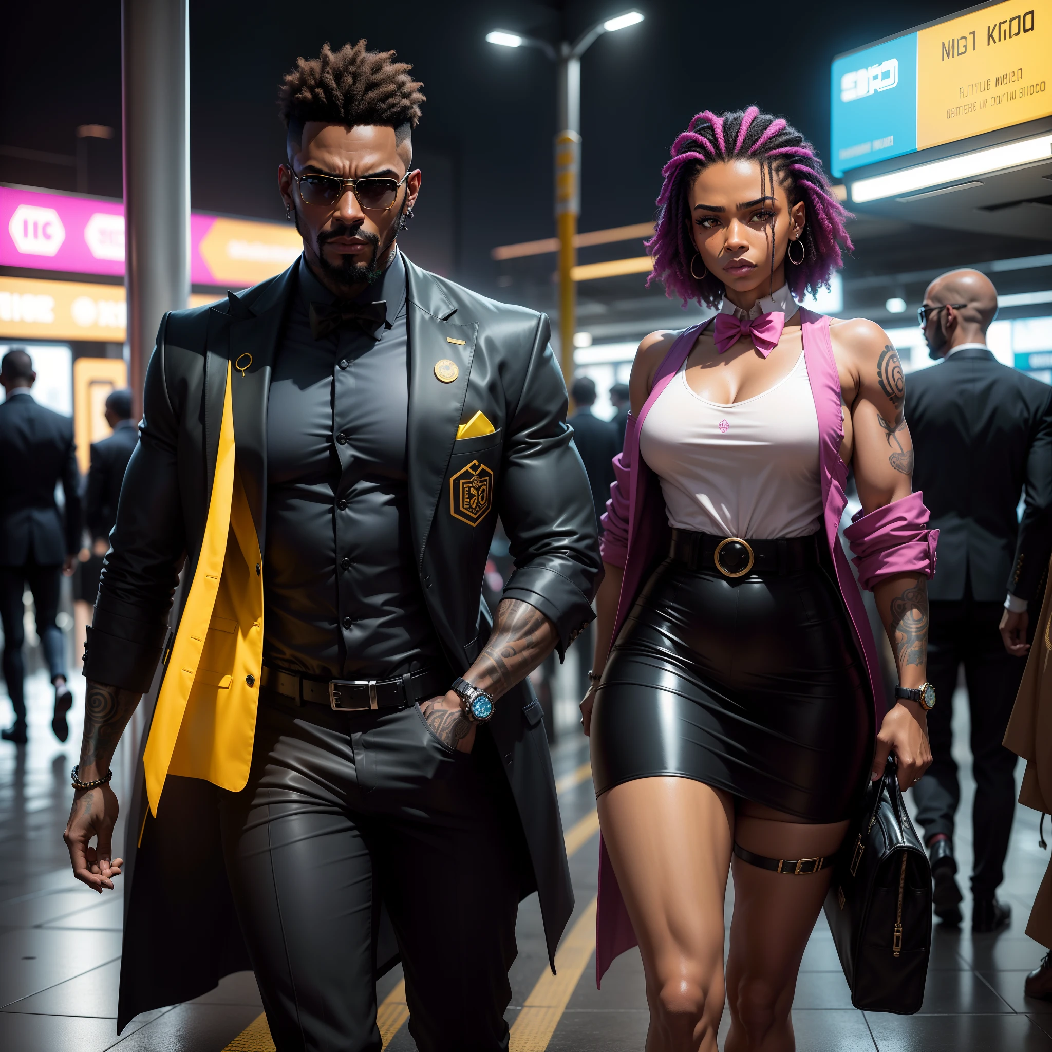 I'd like a cyberpunk style image in 4k average photo of three black characters ,40 anos de idade,,africano, forte, musculoso, de pele negra ,barba grande,barba, Estiloso Barbon,com cabelo punk estilo anos 80 na cor amarelo e cinza escuro,muito eLegante,, futurista e estiloso neon , com uma tatuagem super colorida e com neon ,Toattoo, facing a metro station on the platform , with station lights failing in a dimly lit environment, standing dressed in a dark yellow suit with a pink bow tie and baggy shirt.