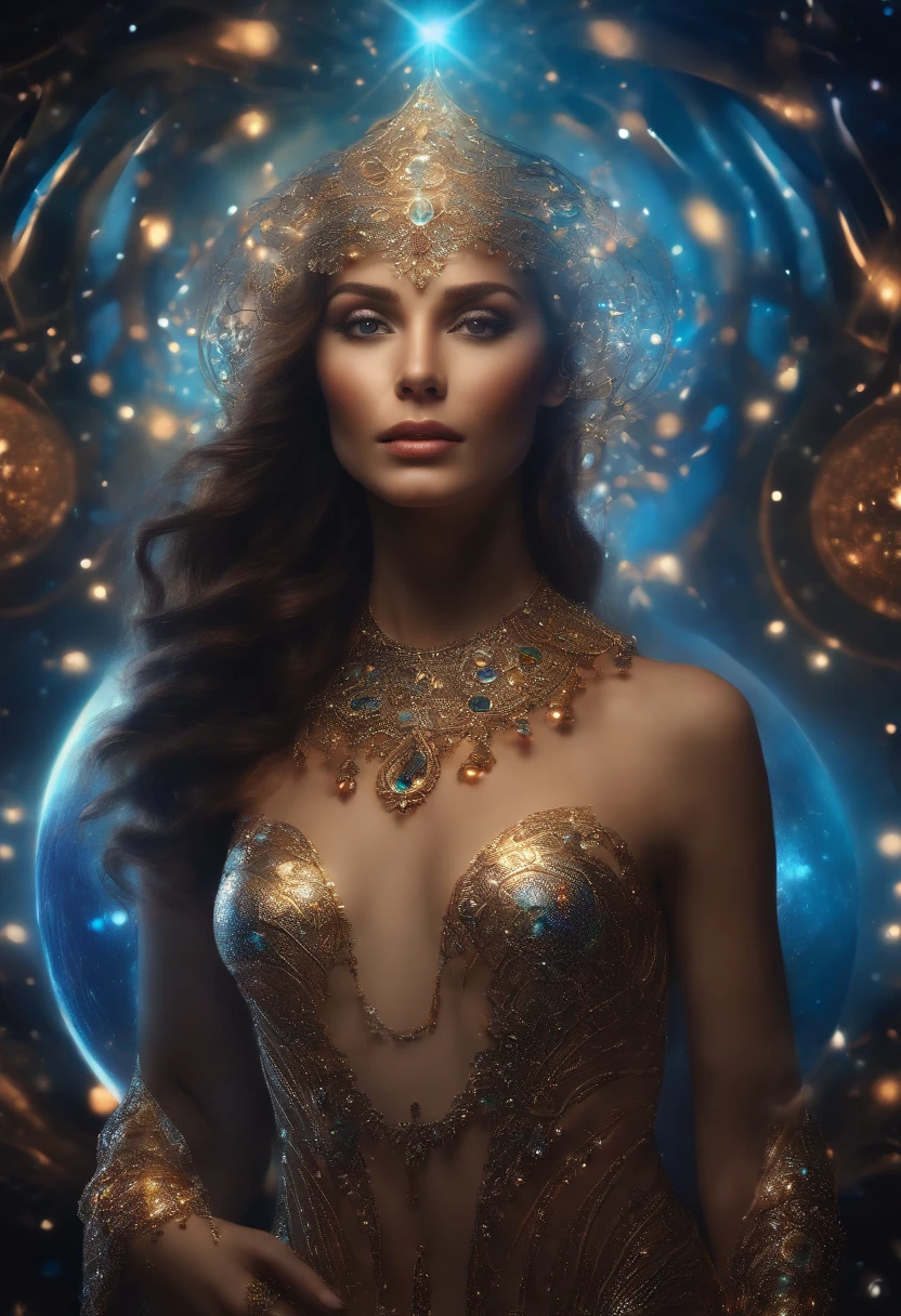 cosmic woman, olhos claros brilhantes, Biomechanicals, estranho, inteligencia virtual, cores muito brilhantes, light particles, com luz brilhante, Mshiff, Arte do papel de parede, Papel de parede UHD holograma