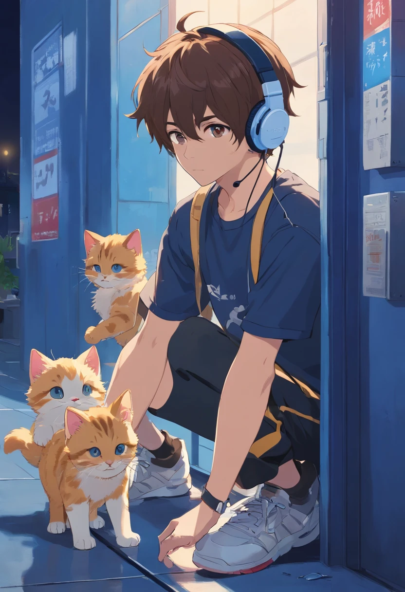 1 man looking at a kitten white，Boys with headphones，masker，The background is dark blue wall, Wearing Black T-shirt