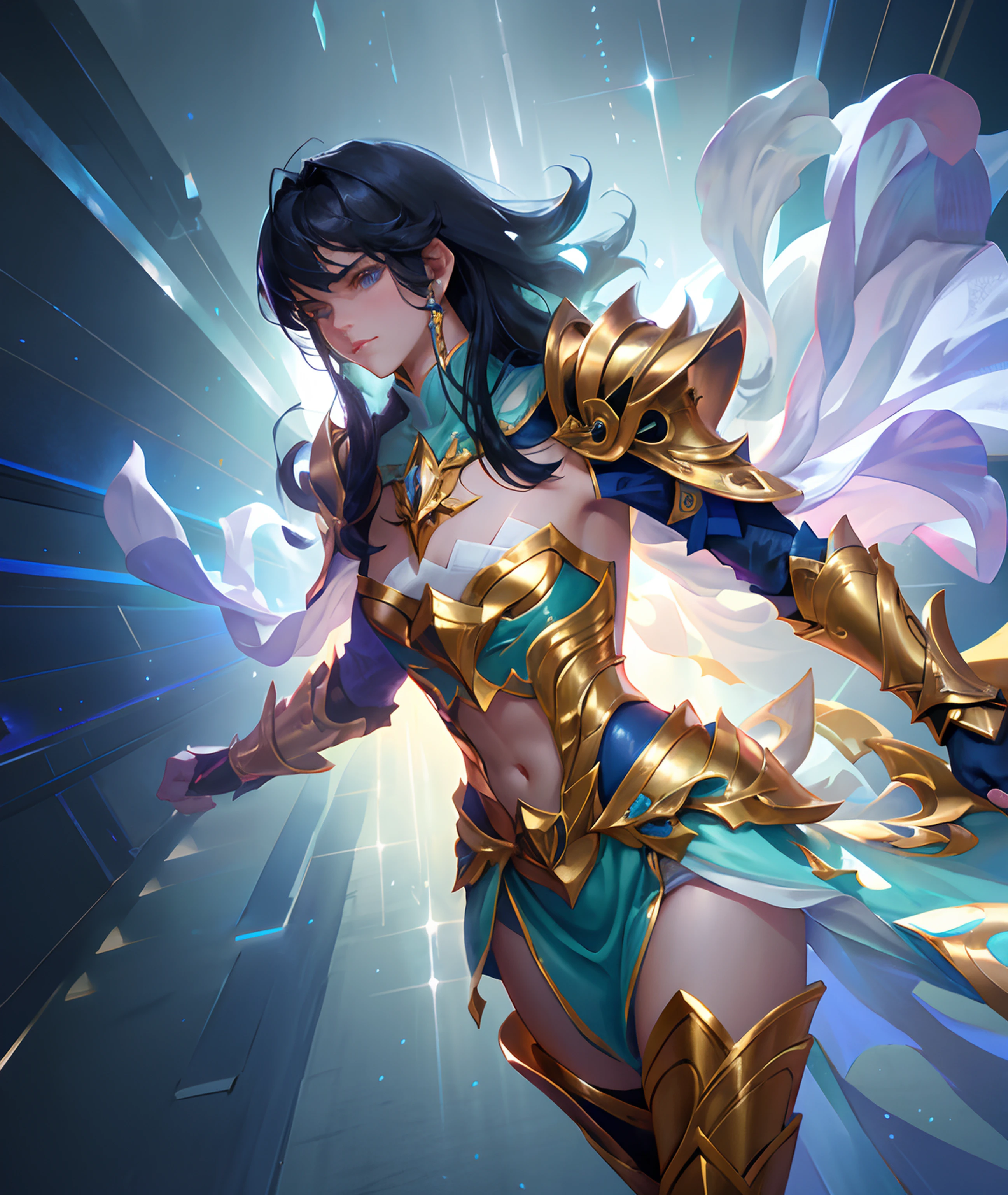 Ultra-high saturation，（tmasterpiece）， fully body photo，（best qualtiy）， （1girll）， starryskybackground，Wearing shiny gold armor， Sexy lingerie type armor，Expose your chest，Expose the waistline，Exposing thighs，cool-pose， Saint Seiya Armor， messy  hair，high detal, Anime style, Cinematic lighting, Sparkle, god light, Ray traching, filmgrain, hyper HD, textureskin, super detailing, Anatomical correct, A high resolution，Ultra-high saturation，hight contrast，High-gloss armor，Smooth skin，Serious expressions,Dark room,