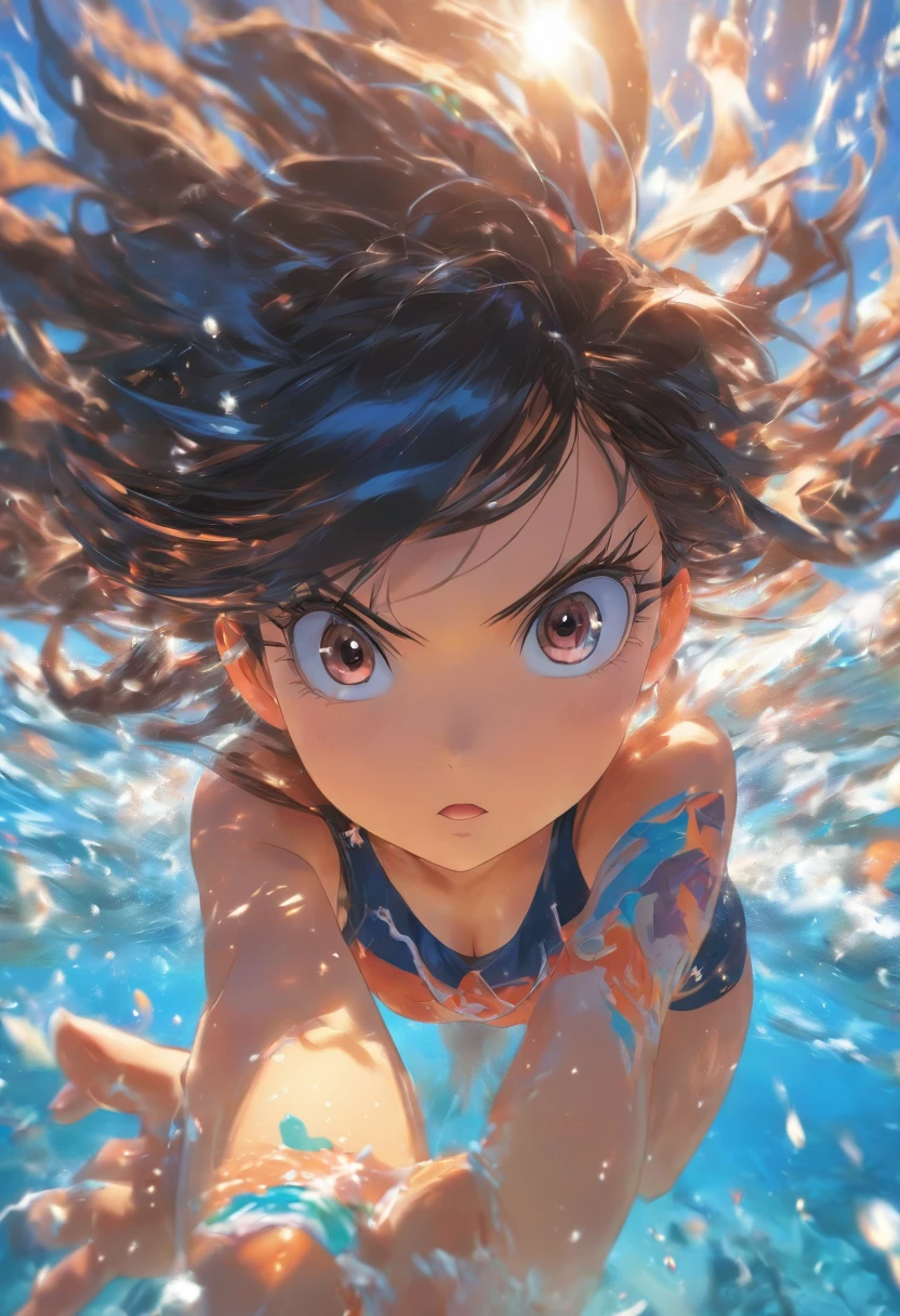 foreshortening, profundidade de campo, master part, melhor qualidade, 1girl, black hair, olhos castanhos, cabelos longos, sozinho, Olhando para o Viewer, school school swimsuit, swimming, luz solar fraca,