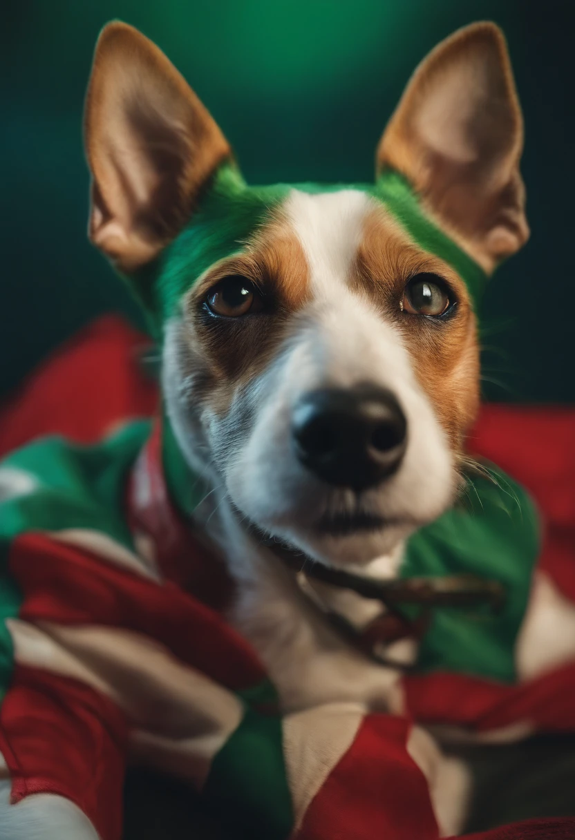 8k, La mejor calidad, Obra maestra, ultrahigh resolution, (realismo: 1.4), Foto original, (textura realista de la piel: 1.3), (Film grain: 1.3), (selfie angle), 1 rat fox terrier, Ropa hacker, Ojos de color verde y hermosos detalles faciales, arte digital, La mejor calidad, cerrar, Parte superior del cuerpo