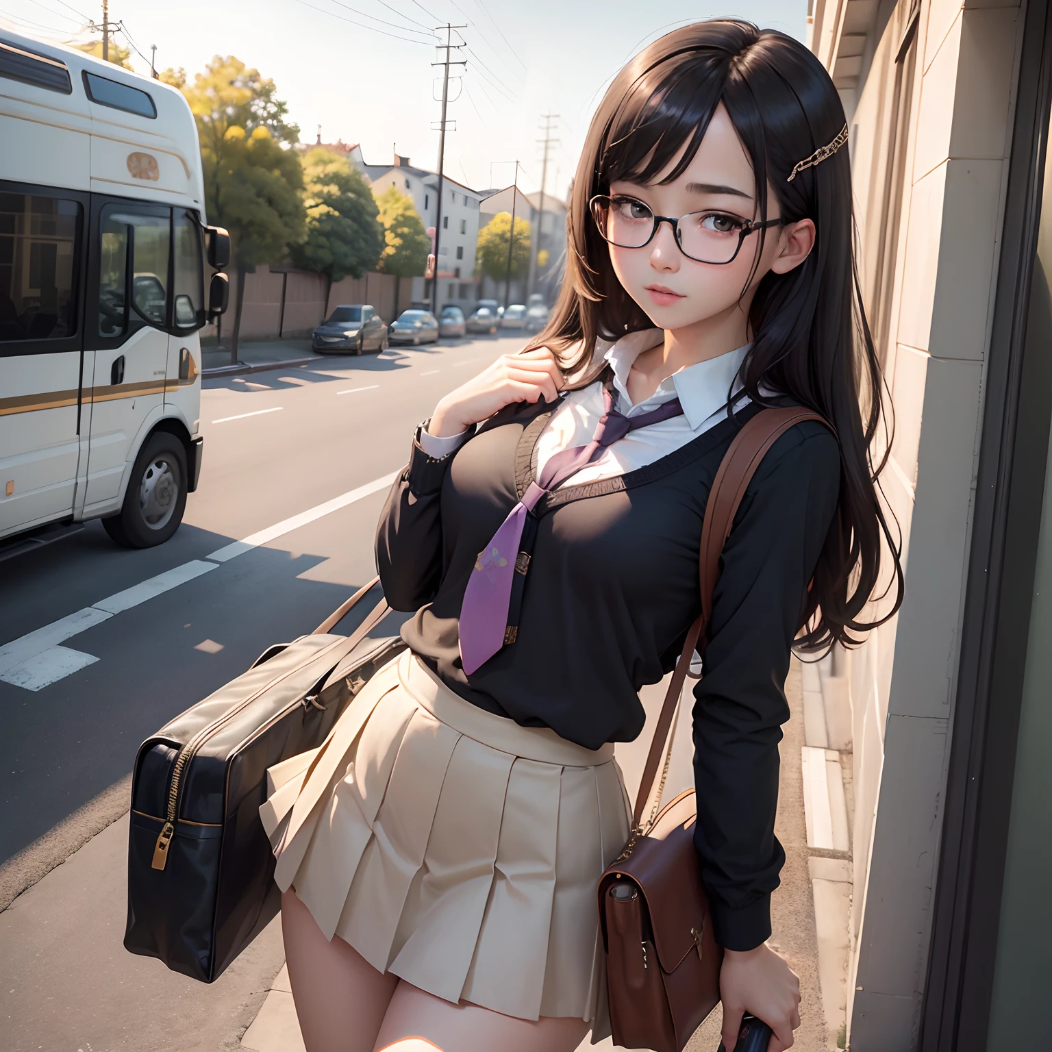 masterpiece, best quality, ultra-detailed, illustration,, (paisura:1.4), 1girl, glasses, small breasts, necktie, skirt, bag, school uniform, black hair, outdoors, road, between breasts, street, school bag, ground vehicle, danchi, japan,,