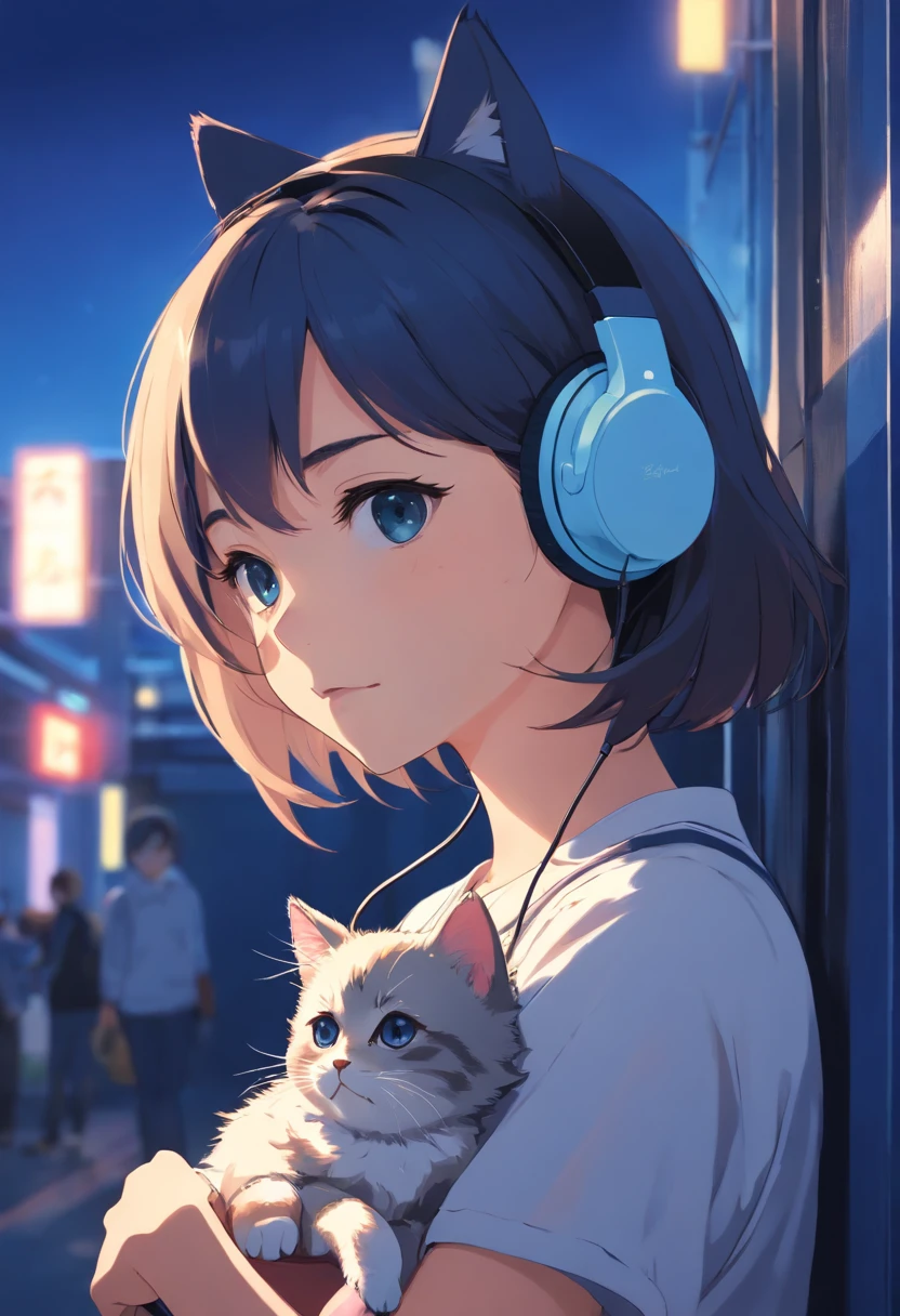 1 girl looking at a kitten white，girl with headphones，masker，The background is dark blue wall, Wearing Black T-shirt